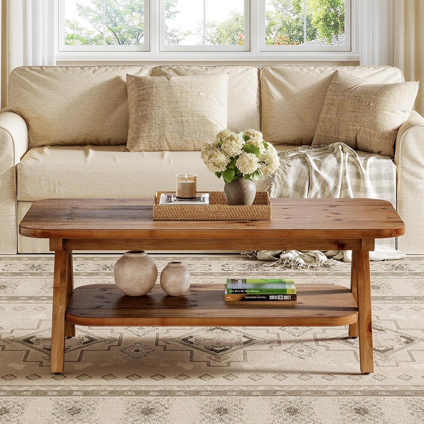 Solid Wood 2-Tier Coffee Table with Storage Shelf, 47" Brown Farmhouse Center Table for Living Room