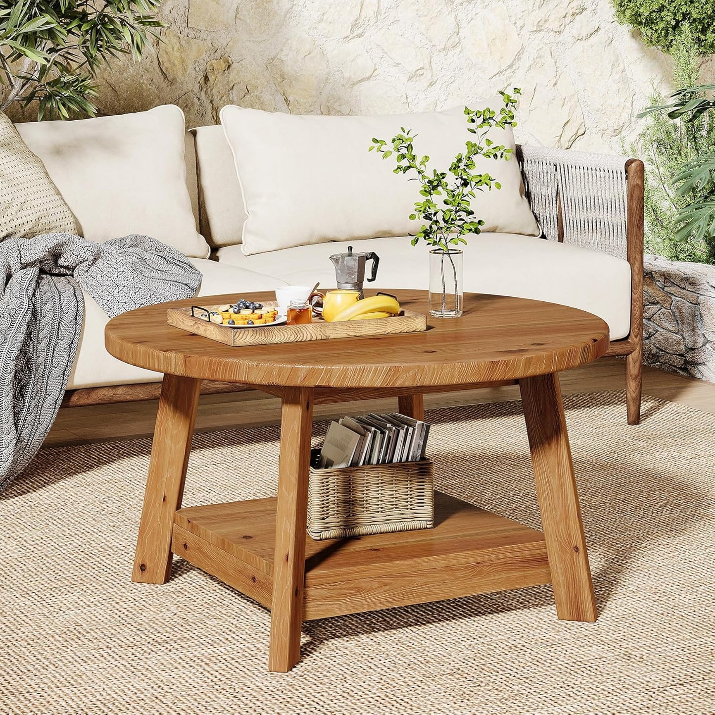 Solid Wood Round Coffee Table for Living Room, 31.5” Farmhouse Wooden 2-Tier Circle Center Cocktail Accent Table with Storage Shelf and Tapered Legs for Apartment, Small Space, Brown