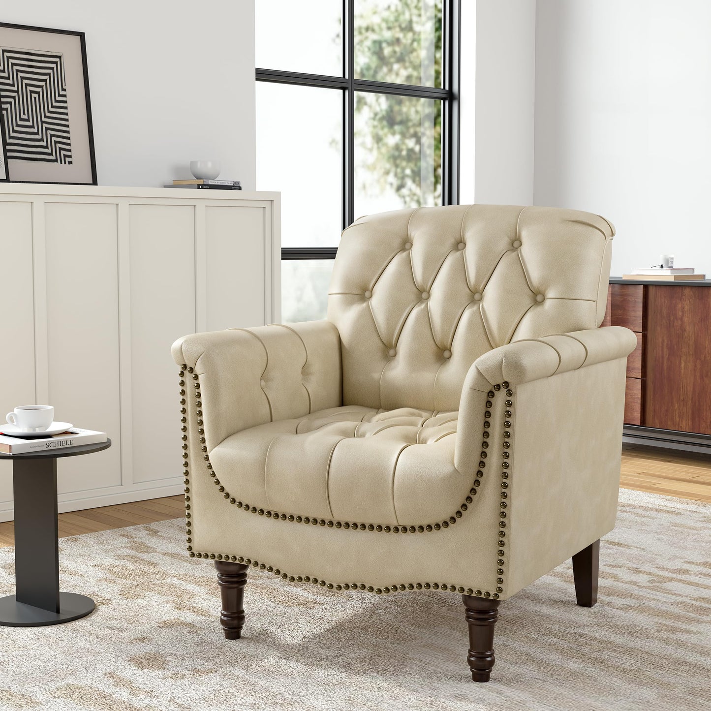 Faux Leather Club Chair, Retro Upholstered Armchair Accent Chair with Solid Wood Legs & Nailhead Trim for Living Room, Bedroom, Reading Room, Camel