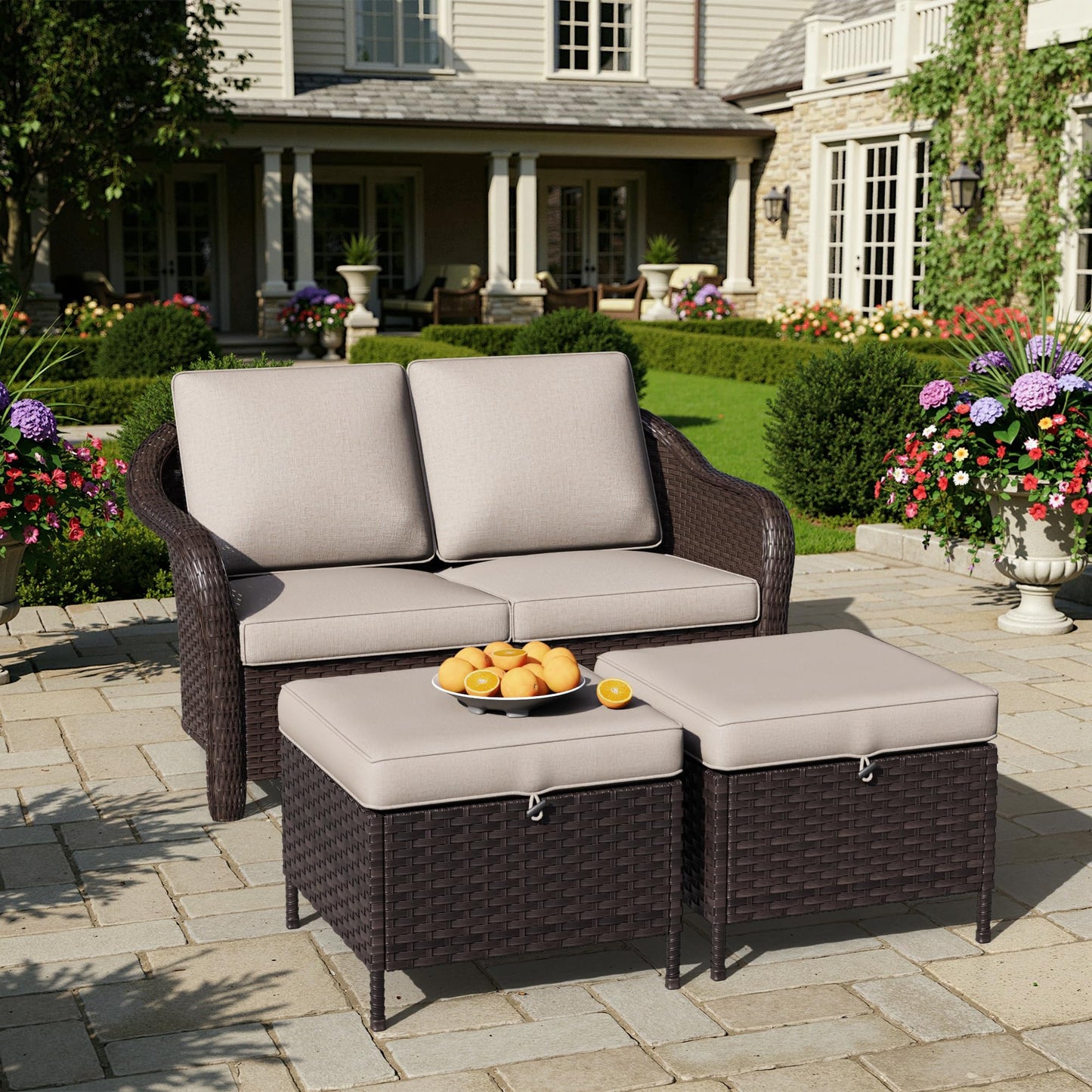 55 inch Outdoor Wicker 2 Seater Sofa, All-Weather Use Patio Rattan Loveseat with Seat and Back Cushion, Ideal for Porch, Backyard, Balcony, Poolside, Blue