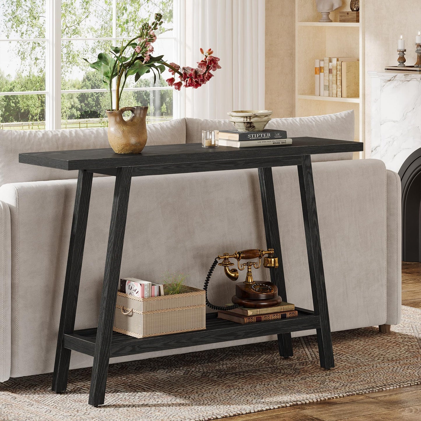 Solid Wood Console Table, 41.3" Rustic Entryway Table with Storage Shelf, 2 Tiers Narrow Skinny Couch Table Behind Sofa for Hallway, Entrance, Foyer, Living Room, Brown (Brown)