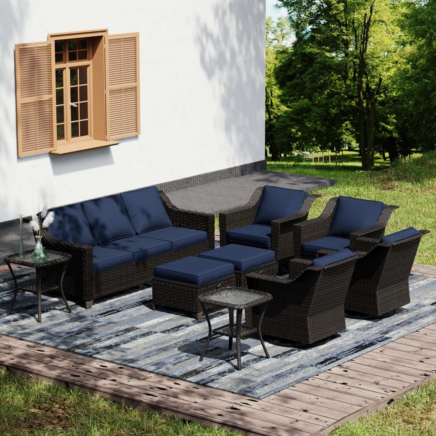Joyside Patio Sofa - 3 Seater Rattan Sofa, All Weather High Back Sofa, Upgraded Large Size with 4inch Seat Cushions for Backyard, Garden, Poolside (Brown/Blue)