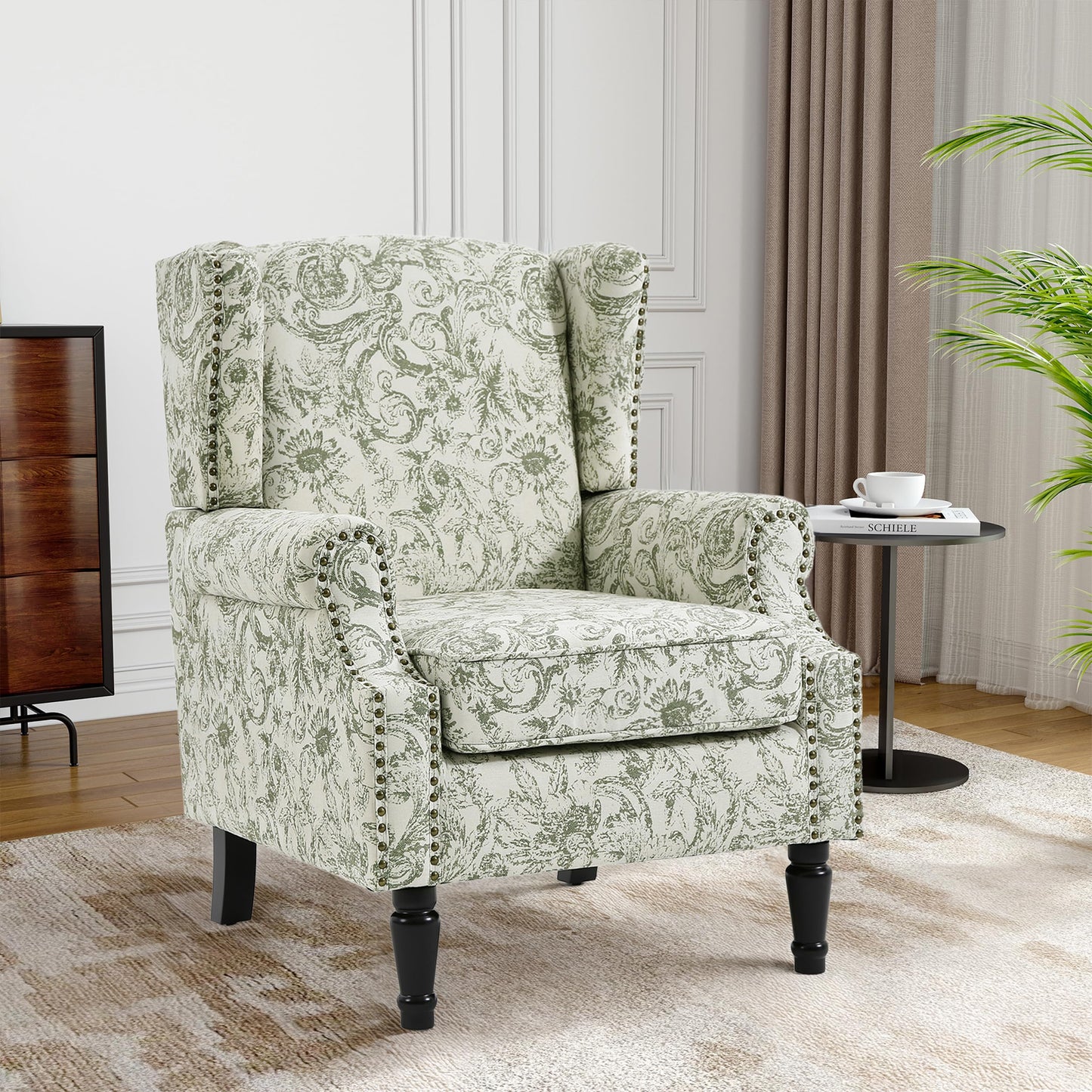 Floral Wingback Accent Chair, High Back Upholstered Armchair, Comfy Fabric Wingback Arms Chairs with Solid Wood Legs, Single Sofa Reading Chair for Bedroom Living Room, Beige