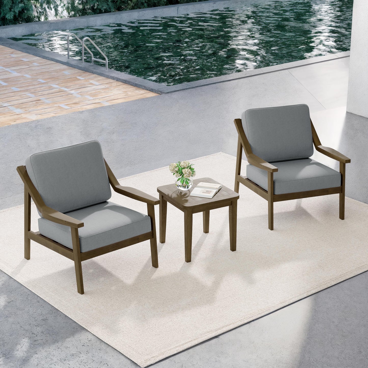 Outdoor Patio Furniture Set, 2 Piece Outdoor Patio Sofa Armchairs with Washable Thick Cushions, All-Weather Solid Wood Patio Bistro Set for Porch, Balcony, Natural Frame & Beige Cushion