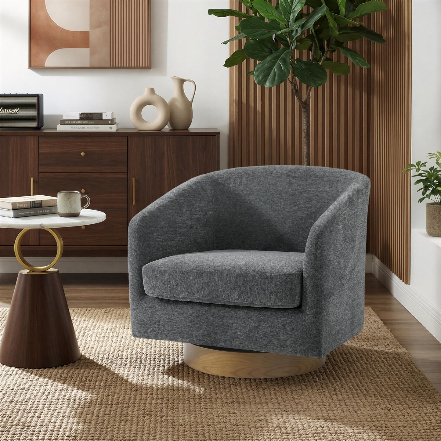 Swivel Barrel Chairs Set of 2, 31" W Modern Faux Leather Round Swivel Accent Chair for Living Room, 360° Rotation Upholstered Armchair Club Chair for Bedroom, Reading Room, Office (Brown)