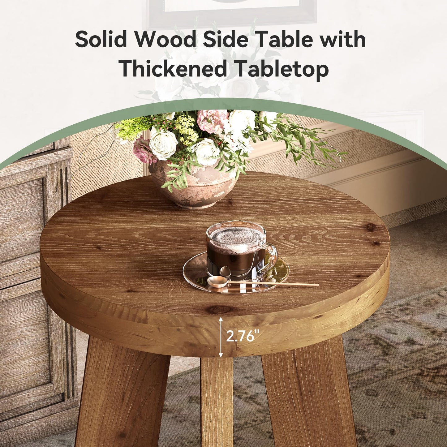 Set of 2 Round End Table, Farmhouse Solid Wood Side Table for Couch, Mid Century Modern Side Table with Heavy-Duty Leg, Wood Bedside Table for Bedroom, Small Spaces, Walnut