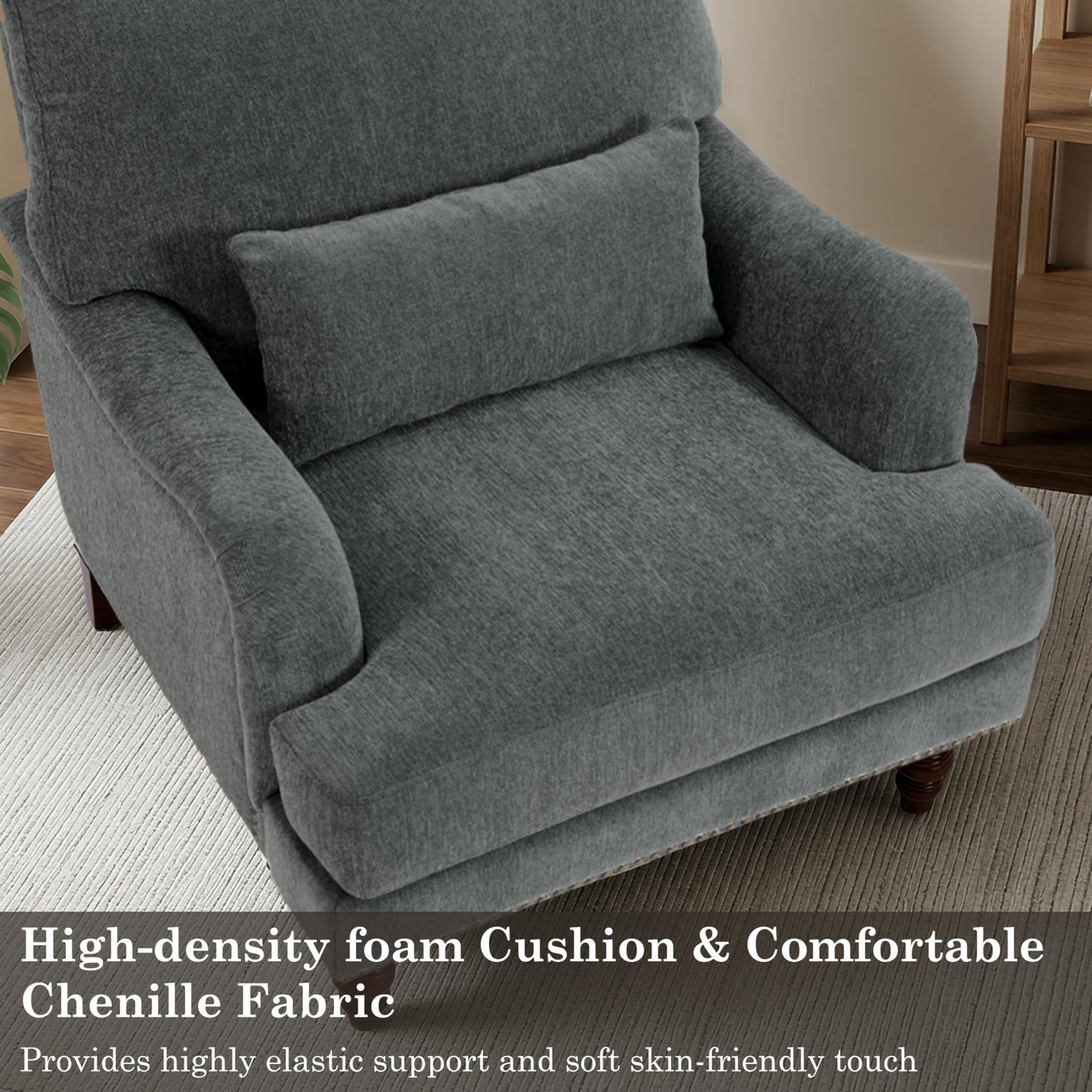 Accent Chair for Living Room, Upholstered Armchair with Nailhead Trim & Solid Wood Legs, Mid Century Modern Club Chair for Bedroom/Reading Room, Rococo Green