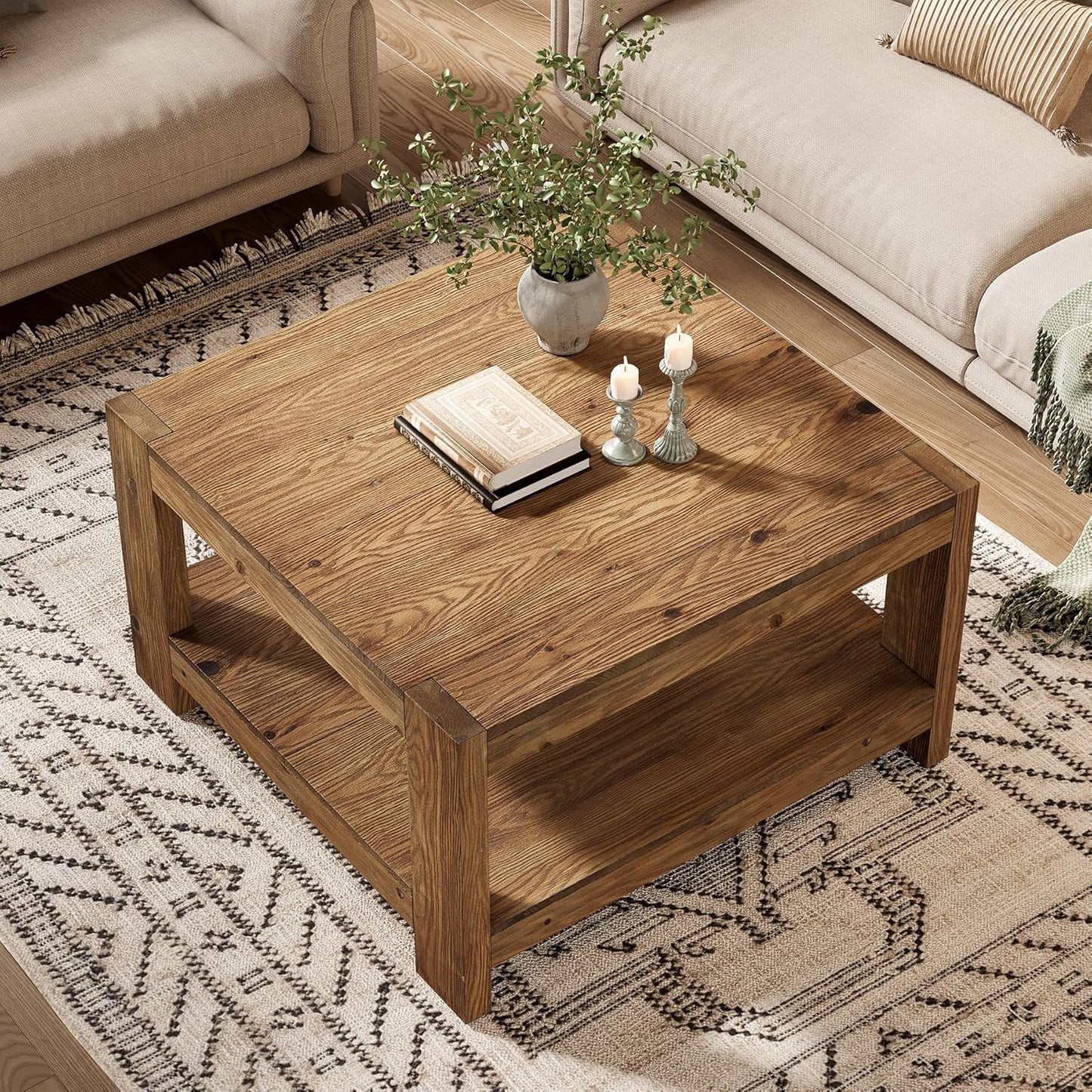 Solid Wood Coffee Table, 31.5" Square Farmhouse Center Table with Storage Shelf for Living Room, 2-Tier Cocktail Accent Tea Furniture for Small Space, Office, Rustic Brown