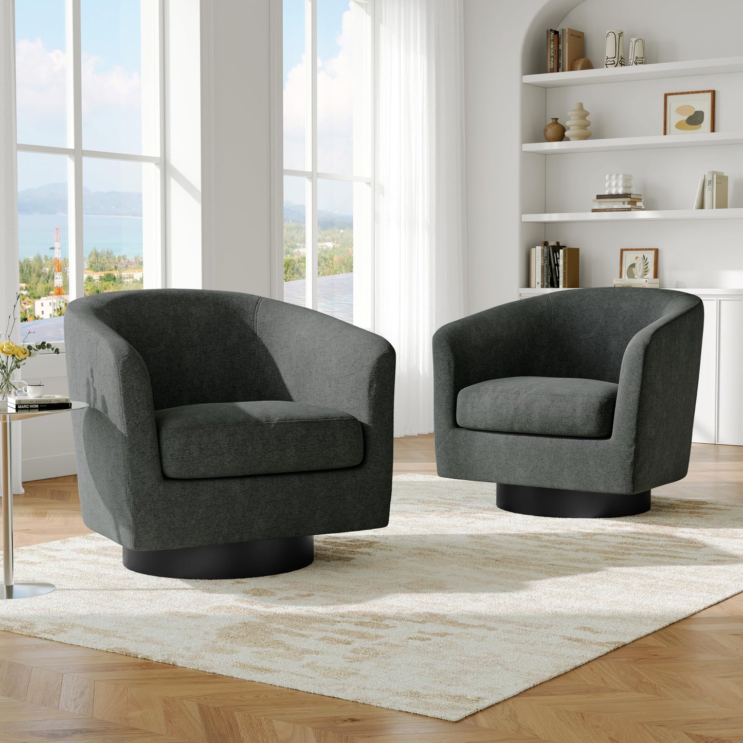 Swivel Barrel Accent Chairs Set of 2, Modern 360° Swivel Round Barrel Chair with Curve Back, Upholstered Velvet Fabric Armchair Single Sofa Club Chair for Living Room, Bedroom, Coffee