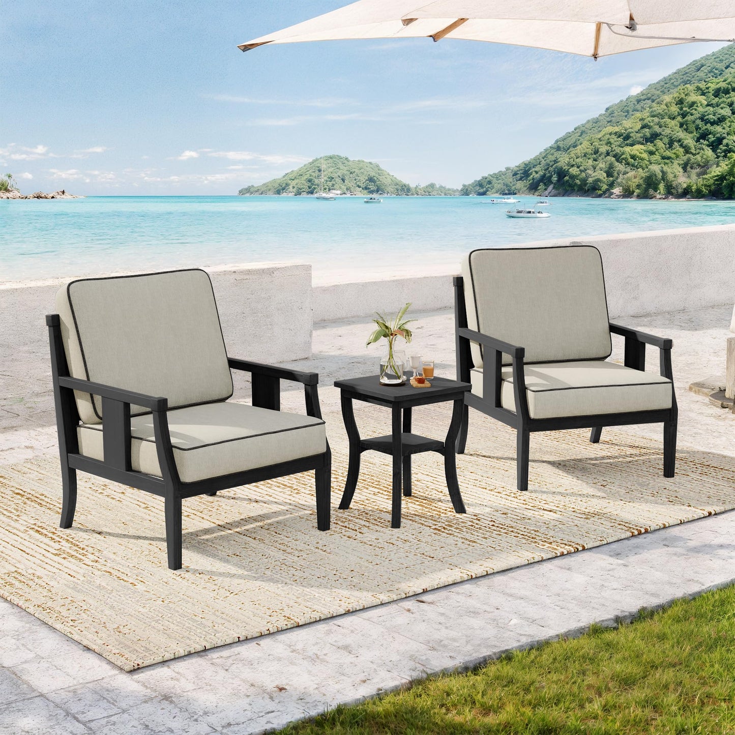 Outdoor Patio Armchairs Set of 2, All-Weather Solid Wood Patio Furniture Sets, Outdoor Sofa Chairs with Washable Thick Cushions for Porch, Balcony, Deck, Black Frame & Gray Cushion