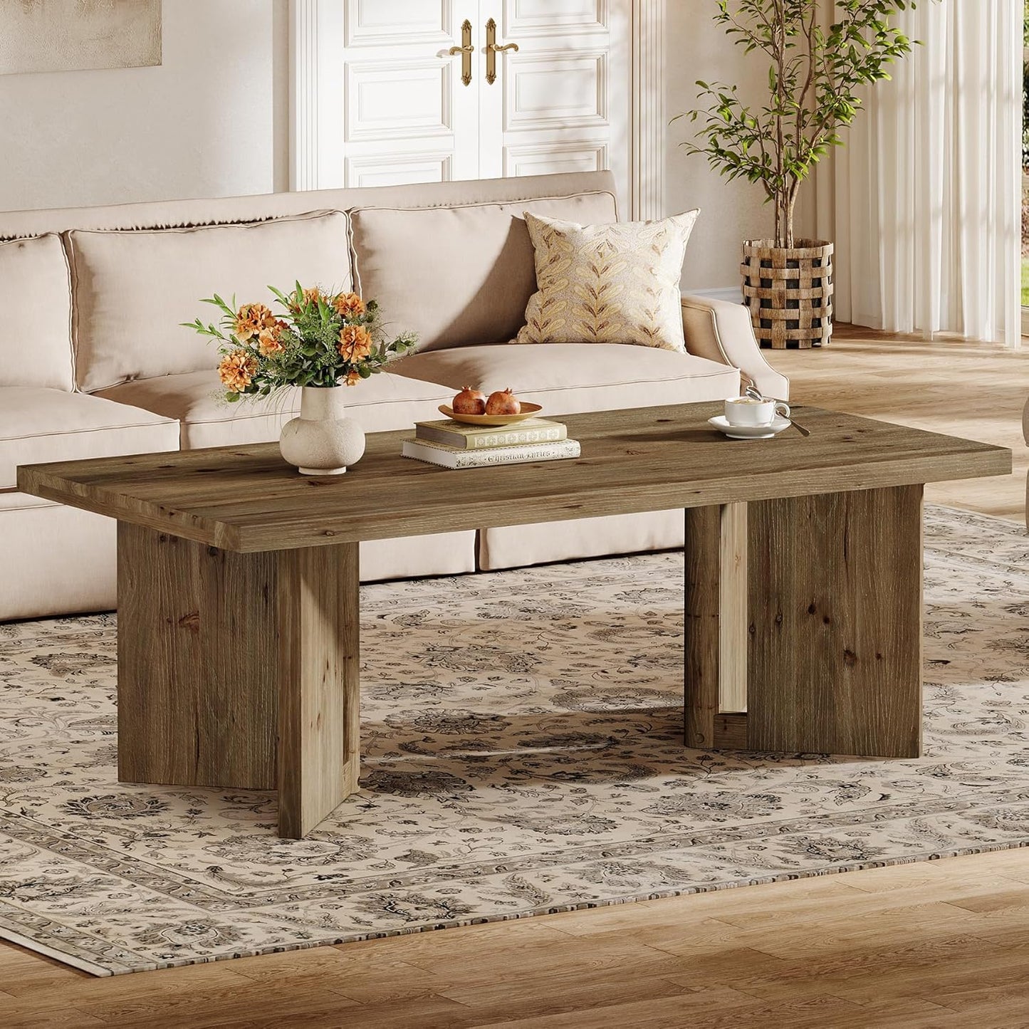 Wood Coffee Table, 47-Inch Farmhouse Rectangle Center Table with Triangle Legs, Rustic Long Tea Table for Living Room, Brown