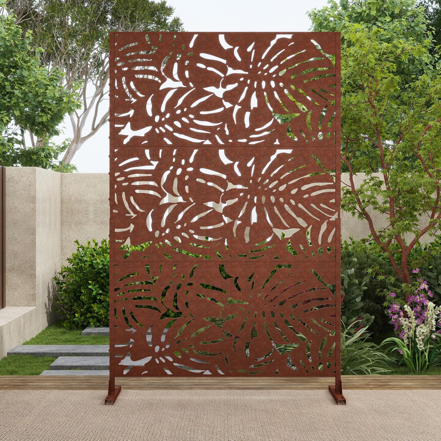 Outdoor Metal Privacy Screen with Stand, 72" H x 47" W Freestanding Outdoor Patio Divider, Decorative Patio Privacy Fence Panel for Garden Backyard Balcony Porch (Brown-Crossbanding)