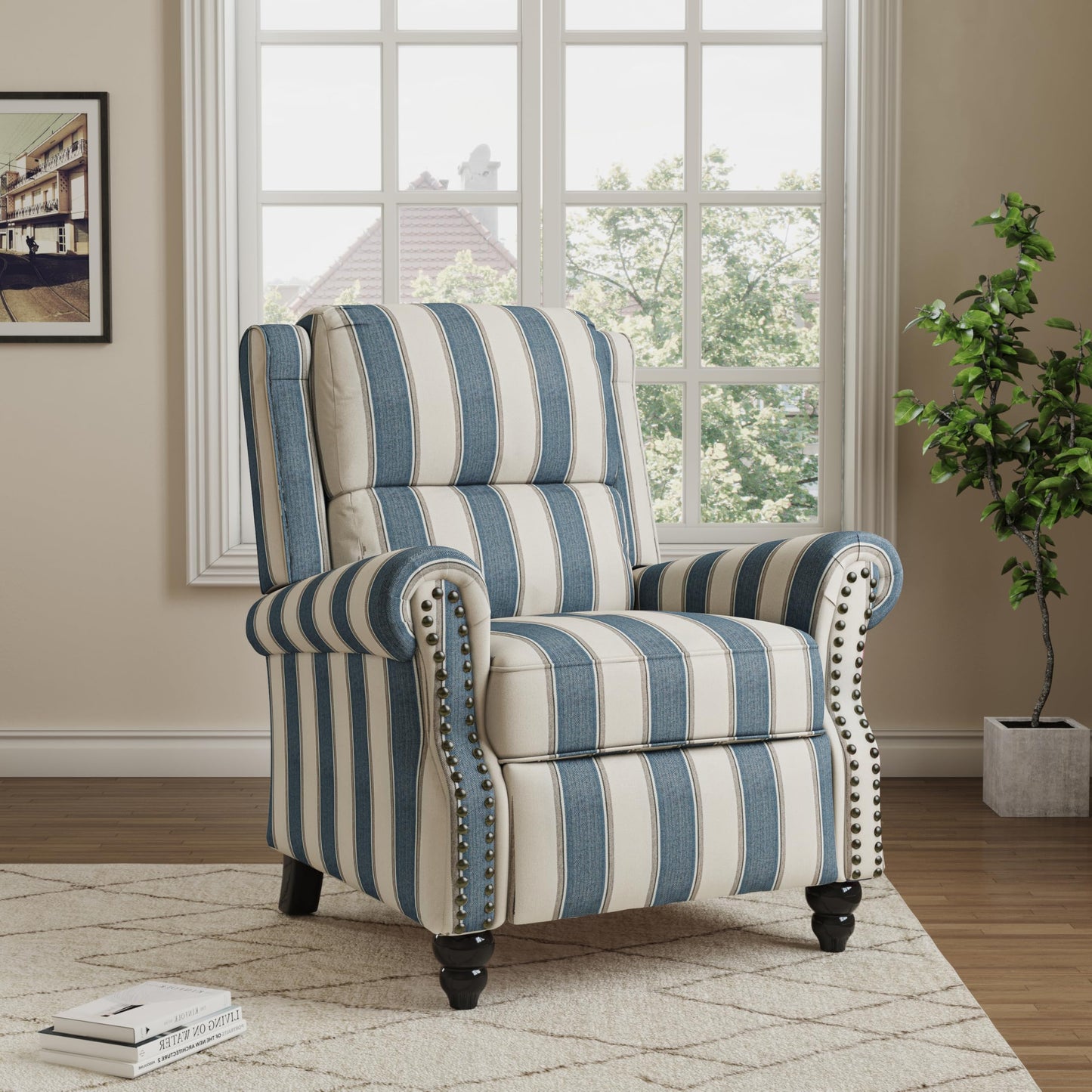 Pushback Recliner Chairs Set of 2, Comfy Fabric Wingback Recliner Chair, Upholstered Armchair Push Back Recliner with Wood Legs, Rivet Trim Accent Chair for Living Room, Bedroom, Blue Stripe