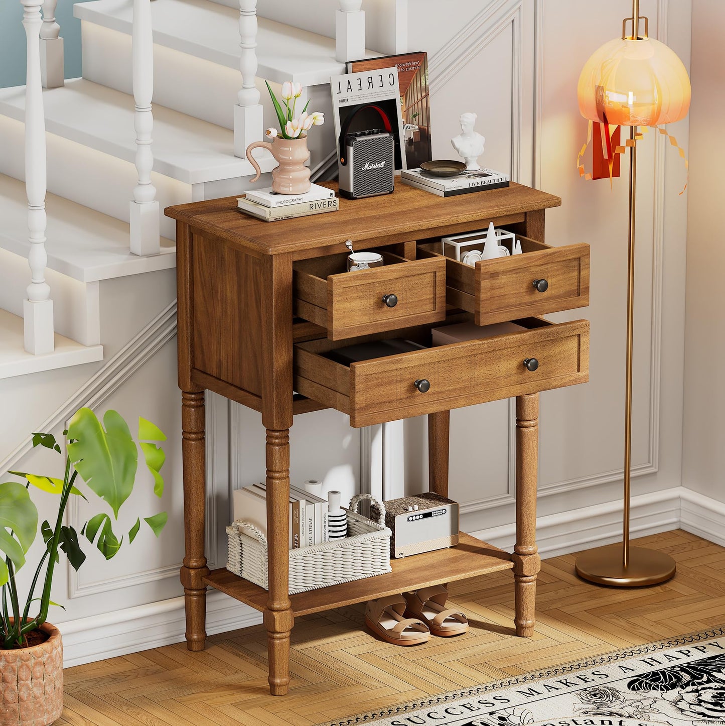 LKTART Small Solid Wood Sofa Table,Console Table with Drawers and Bottom Shelf, Entryway Hallway Foyer Entry Table for Living Room(23.7" Natural)
