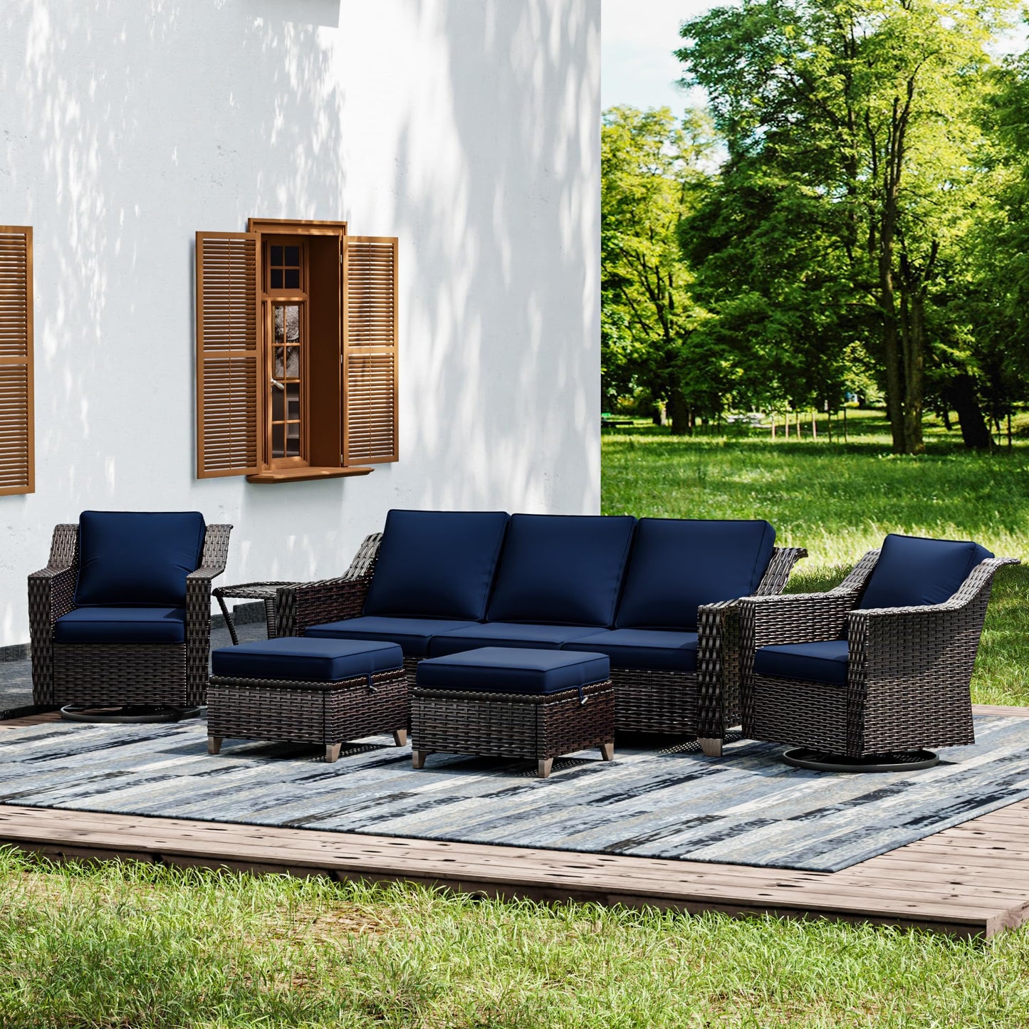 Joyside Patio Sofa - 3 Seater Rattan Sofa, All Weather High Back Sofa, Upgraded Large Size with 4inch Seat Cushions for Backyard, Garden, Poolside (Brown/Blue)