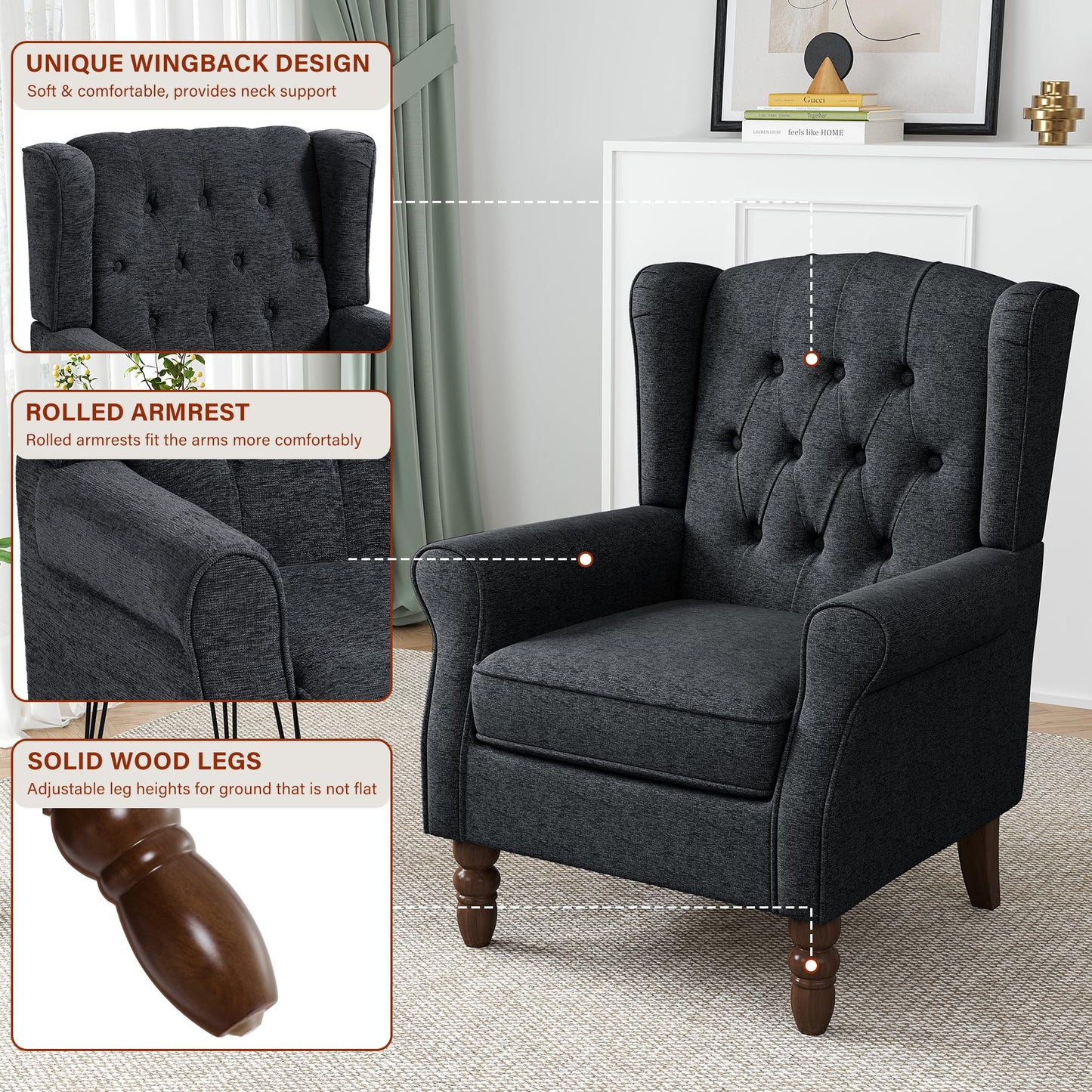 Faux Leather Wingback Chairs Set of 2, High Back Accent Chair for Living Room, Button-Tufted Upholstered Armchair with Solid Wood Legs, Comfy Reading Chair for Bedroom, Brown