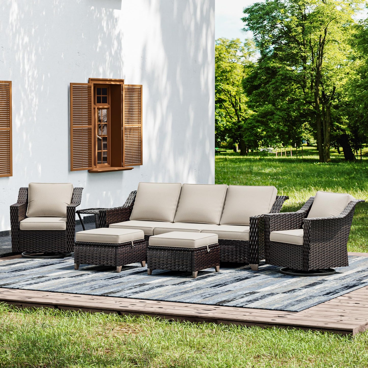 Joyside Patio Sofa - 3 Seater Rattan Sofa, All Weather High Back Sofa, Upgraded Large Size with 4inch Seat Cushions for Backyard, Garden, Poolside (Brown/Blue)