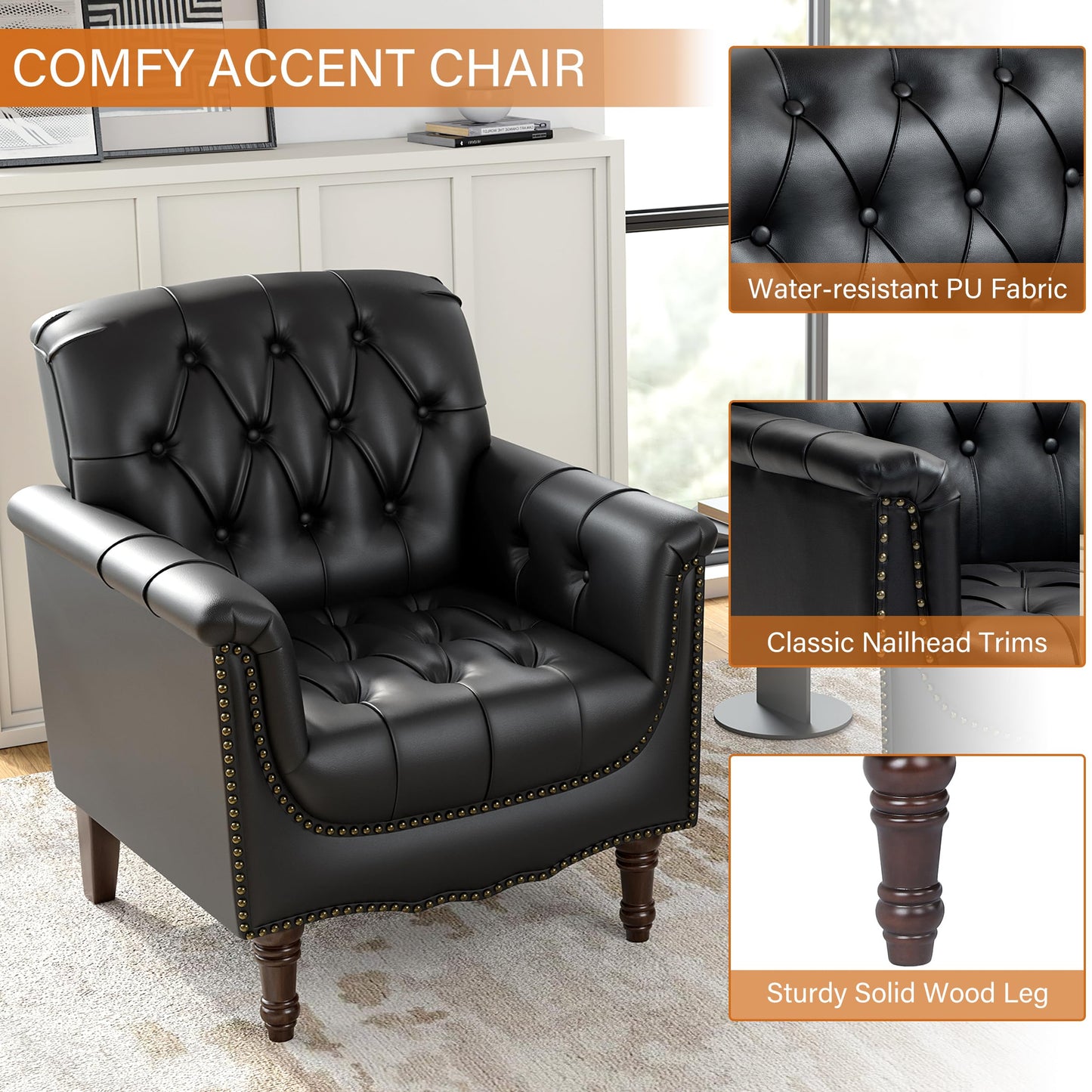 Faux Leather Club Chair, Retro Upholstered Armchair Accent Chair with Solid Wood Legs & Nailhead Trim for Living Room, Bedroom, Reading Room, Camel