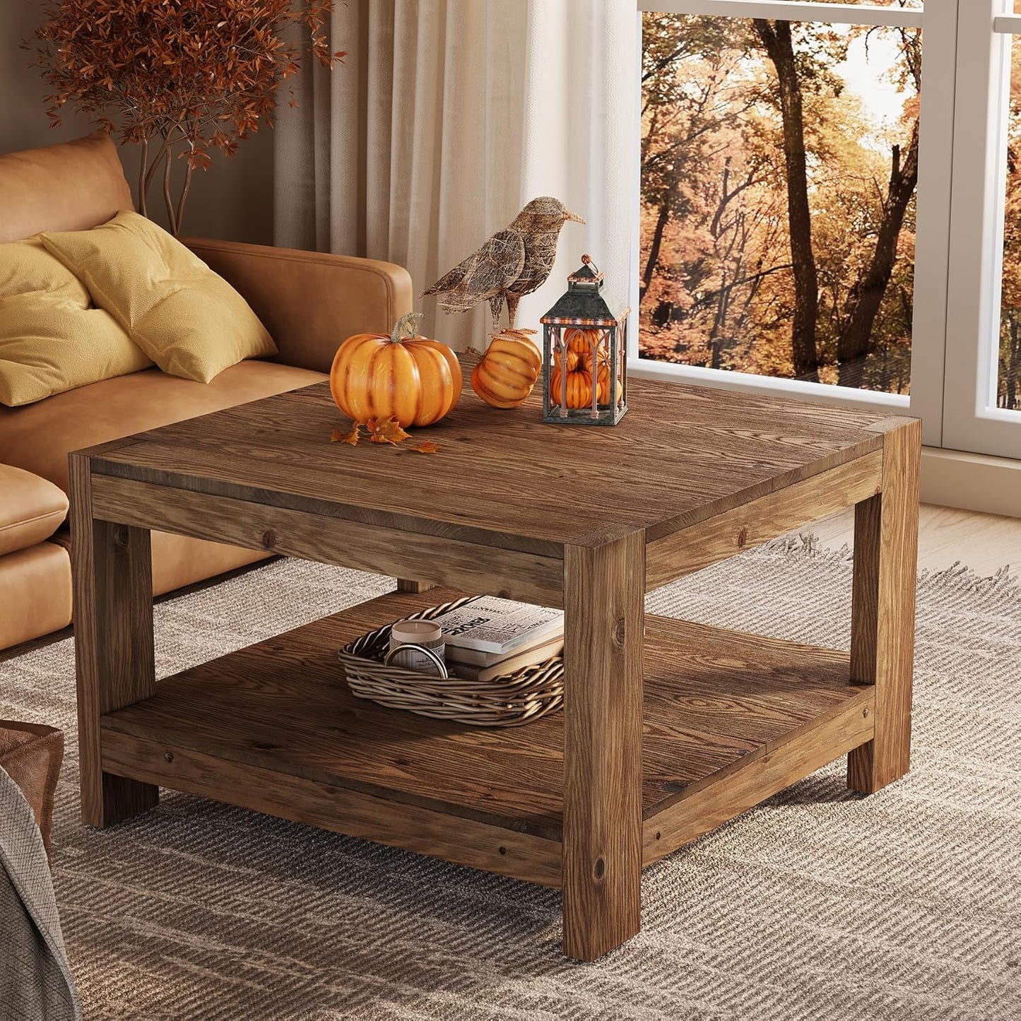 Solid Wood Coffee Table, 31.5" Square Farmhouse Center Table with Storage Shelf for Living Room, 2-Tier Cocktail Accent Tea Furniture for Small Space, Office, Rustic Brown