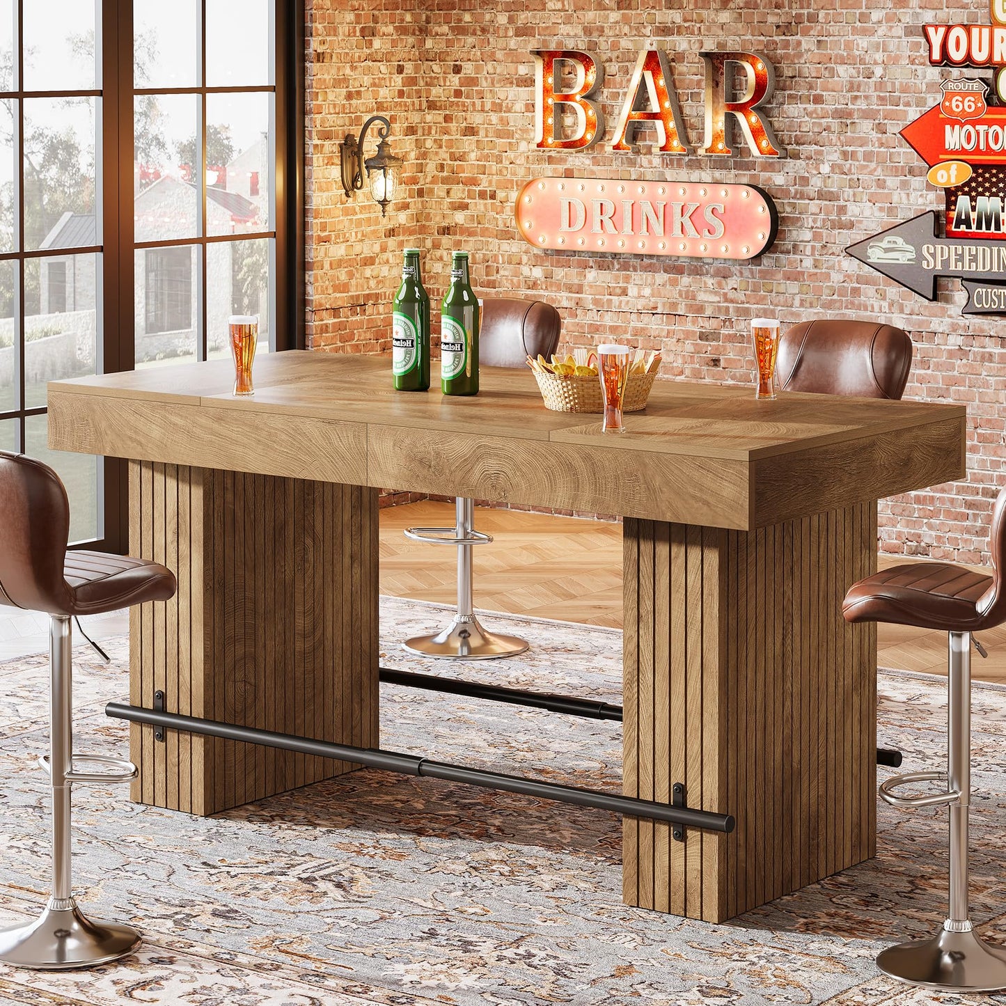 Tribesigns 62.2 Inch Bar Table, Industrial Counter Height Pub Dining Table, Rectangular Home Bar Units with Metal Footrest for Home Kitchen, Dining Room, Bistro, Brown and Dark Grey