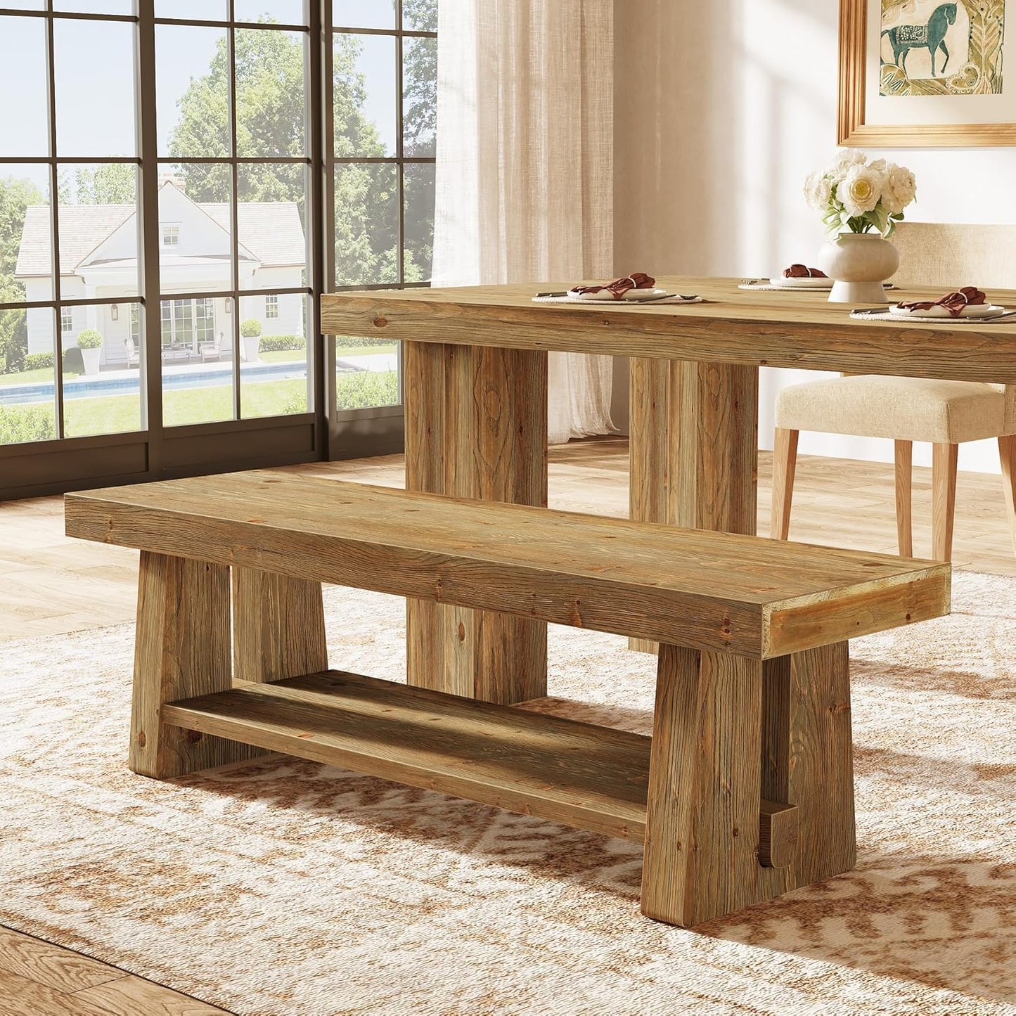 63'' Solid Wood Entryway Bench with Open Shelves, 2-Tier End of Bed Bench, Farmhouse Wooden Bench Indoor for Dining Room, Living Room, Hallway, Bedroom