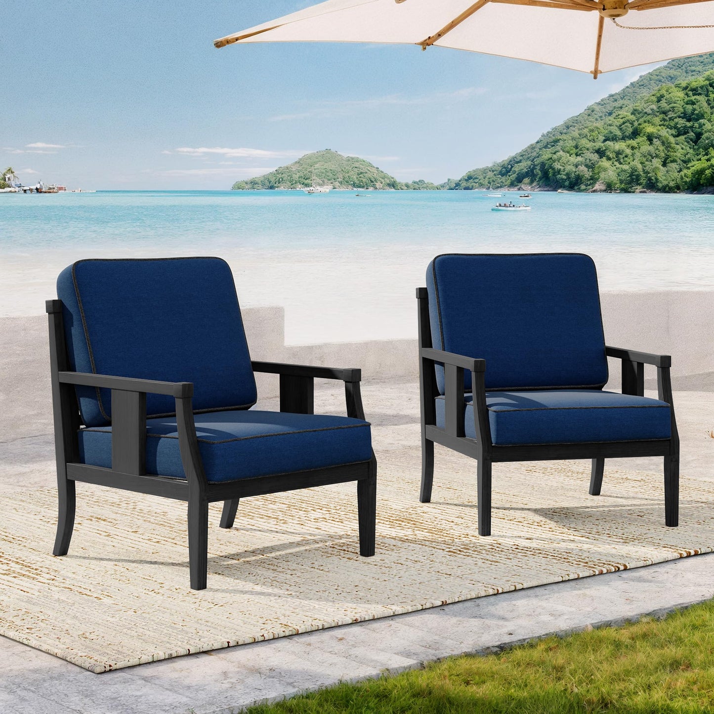 Outdoor Patio Armchairs Set of 2, All-Weather Solid Wood Patio Furniture Sets, Outdoor Sofa Chairs with Washable Thick Cushions for Porch, Balcony, Deck, Black Frame & Gray Cushion