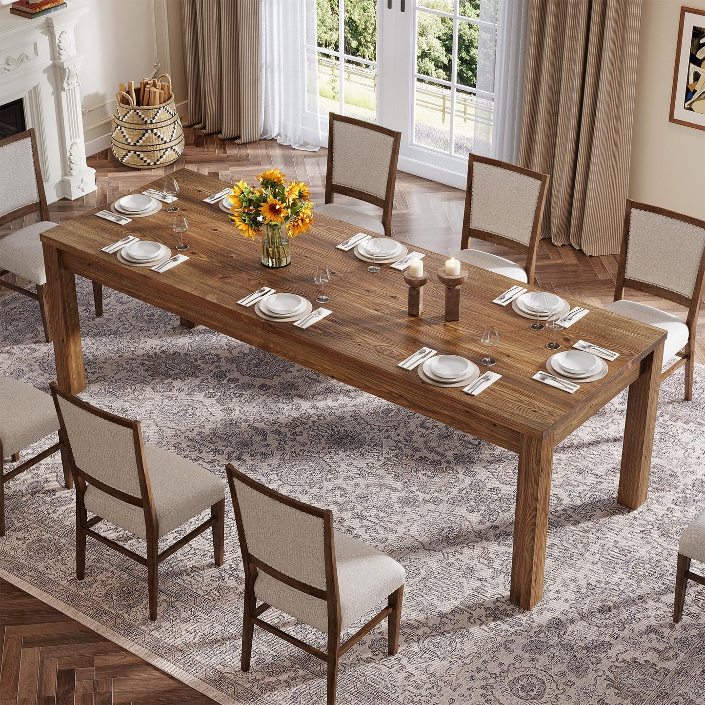 78.7" Large Dining Table for 6 8 10, Solid Wood Rustic Kitchen Table, Modern Farmhouse Rectangular Dining Desk for Kitchen, Living Room, Wood Brown