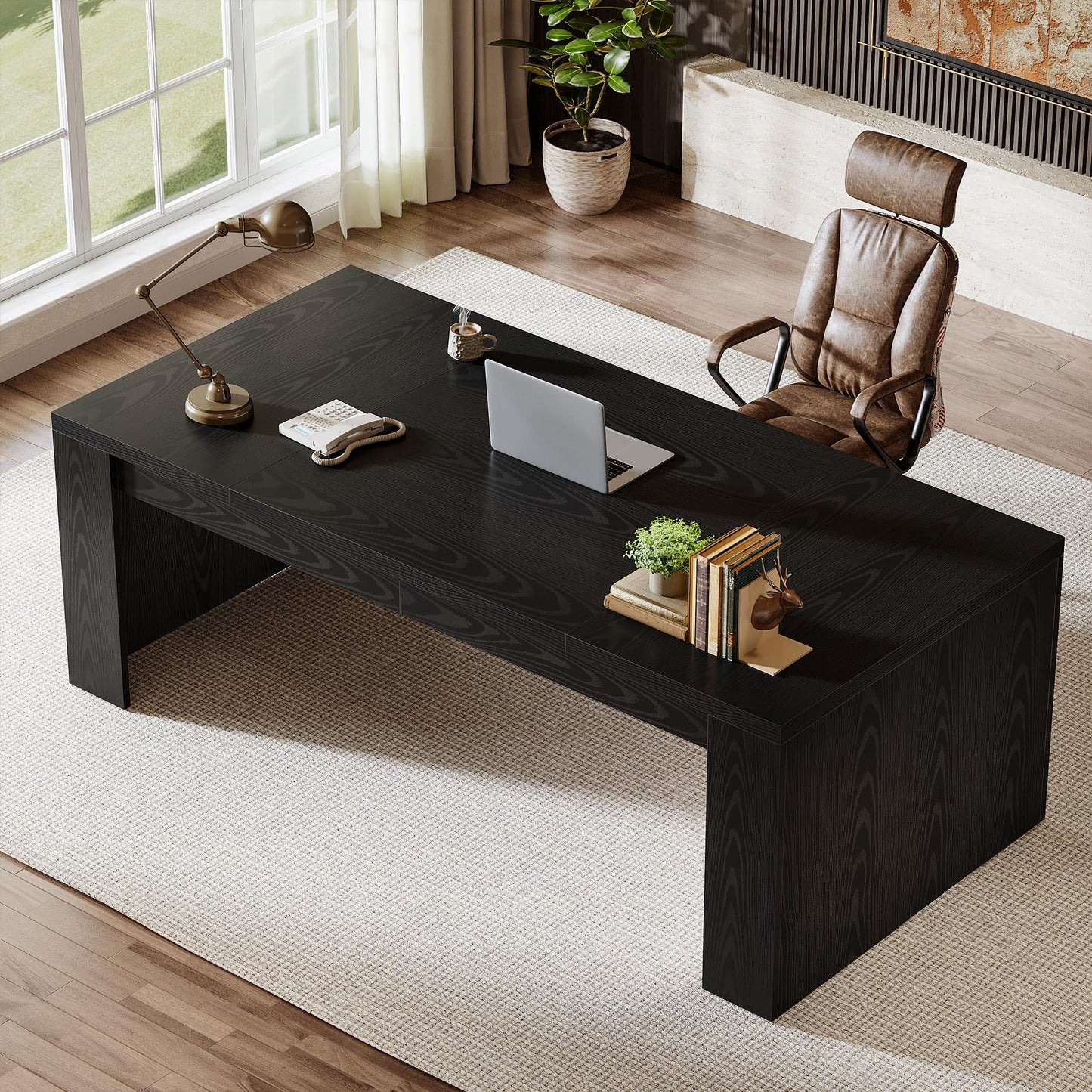 Tribesigns 70.9-Inch Executive Desk, Large Wooden Computer Office Desk with Sturdy Double Pedestal Legs, Writing Table Business Workspace Home Office Furniture for Home Office (Brown)