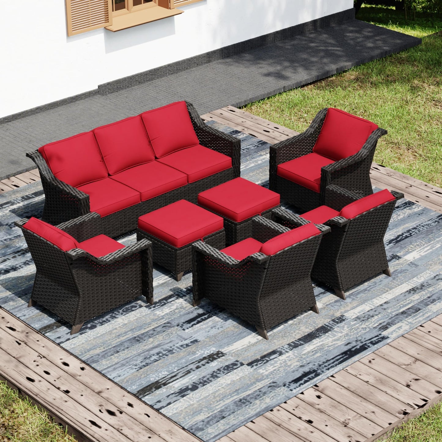 Joyside Patio Sofa - 3 Seater Rattan Sofa, All Weather High Back Sofa, Upgraded Large Size with 4inch Seat Cushions for Backyard, Garden, Poolside (Brown/Blue)