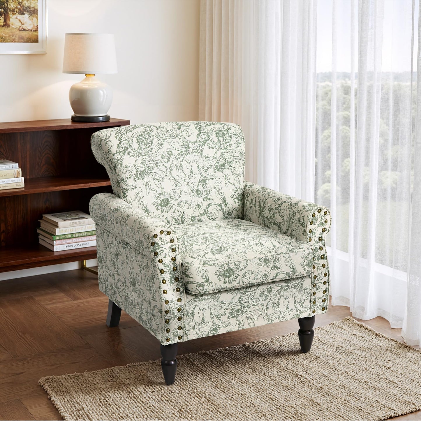 Wingback Accent Chairs Set of 2, Mid-Century Modern Upholstered Armchair Living Room Chair with Nailhead Trim & Rolled Armrest, Comfy Lounge Chair Single Sofa Chair for Bedroom, Light Blue