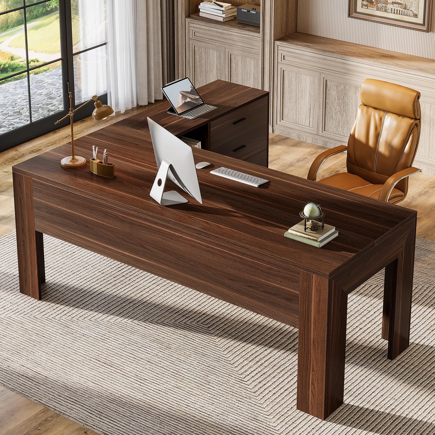 Tribesigns 63" L Shaped Desk with Storage, Executive Office Desk with Rolling File Cabinet Combo, Large Computer Table with Drawers and Shelves, Business Furniture Set for Home Office, Brown