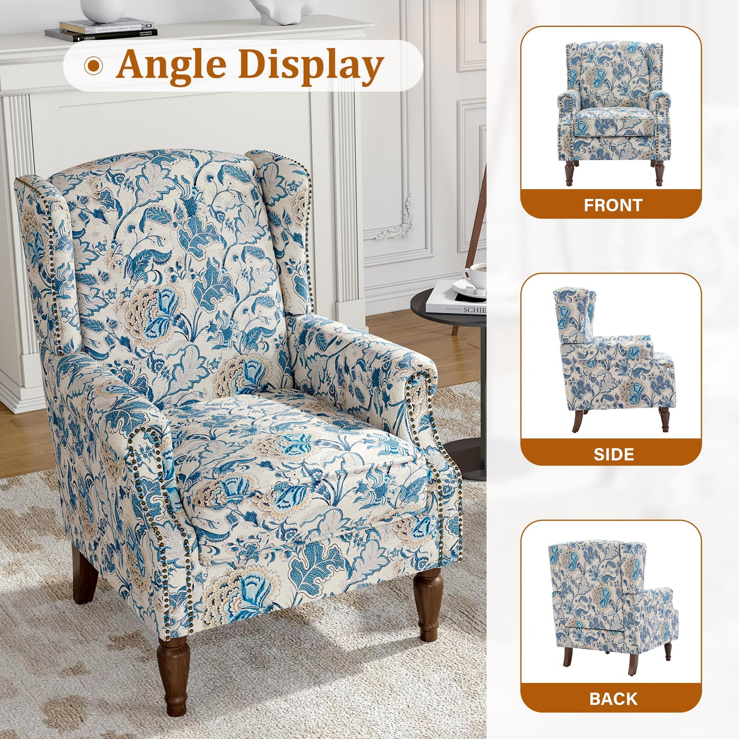 Floral Wingback Accent Chair, High Back Upholstered Armchair, Comfy Fabric Wingback Arms Chairs with Solid Wood Legs, Single Sofa Reading Chair for Bedroom Living Room, Beige