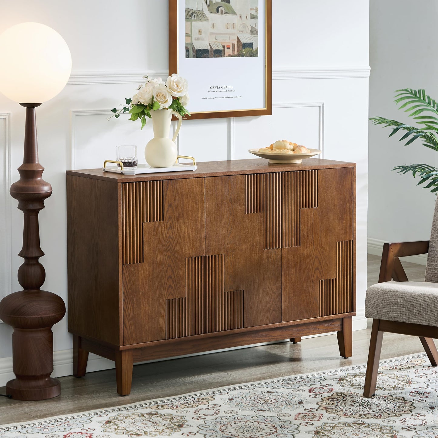 LKTART 40" Sideboard Buffet Accent Storage Cabinet with Carved Pattern Side Board Solid Wood Frame for Kitchen, Living Room, Entryway,Hallway (Blue+Brown)
