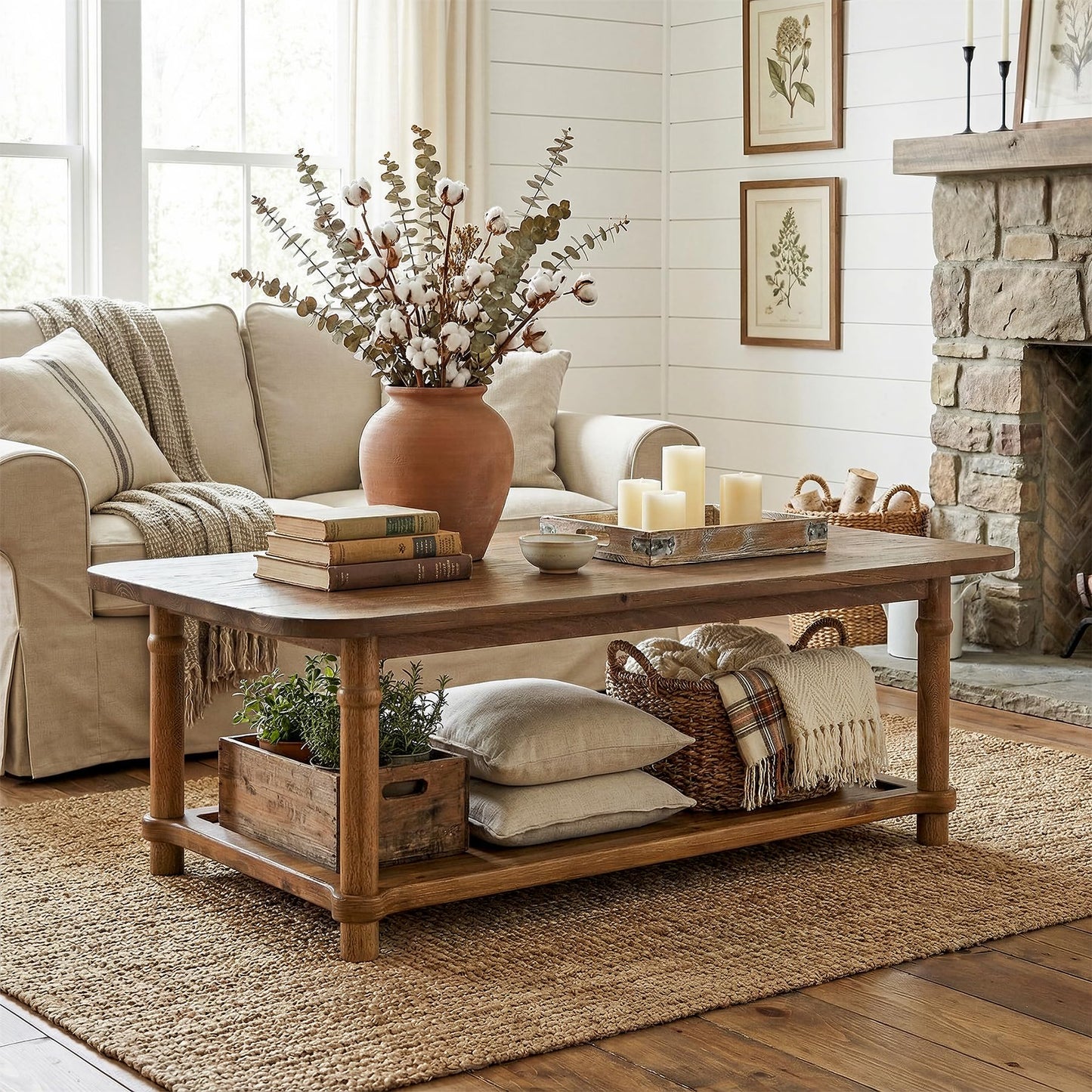 47" Rectangle Coffee Table, Solid Wood Center Table with 2-Tier Storage, Modern Farmhouse Coffee Furniture for Living Room, Home & Family Room, Light Brown
