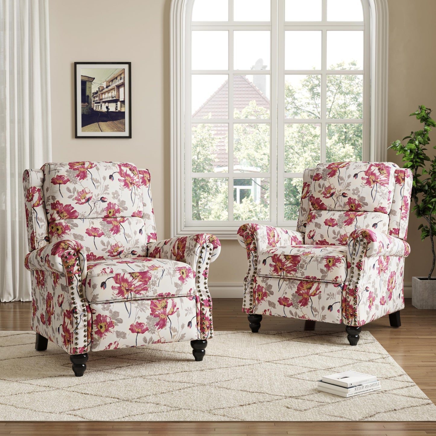 Pushback Recliner Chairs Set of 2, Comfy Fabric Wingback Recliner Chair, Upholstered Armchair Push Back Recliner with Wood Legs, Rivet Trim Accent Chair for Living Room, Bedroom, Blue Stripe