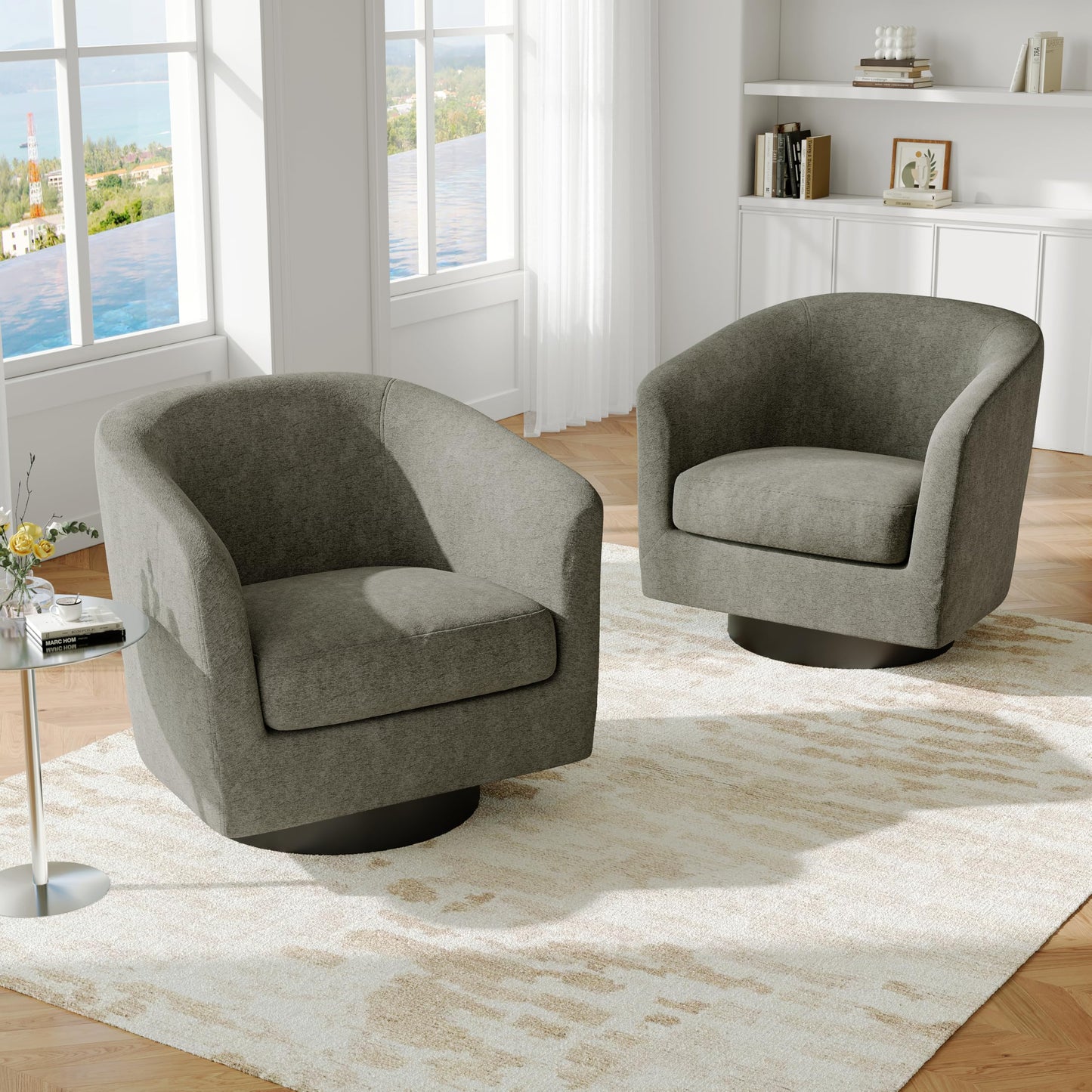 Swivel Barrel Accent Chairs Set of 2, Modern 360° Swivel Round Barrel Chair with Curve Back, Upholstered Velvet Fabric Armchair Single Sofa Club Chair for Living Room, Bedroom, Coffee