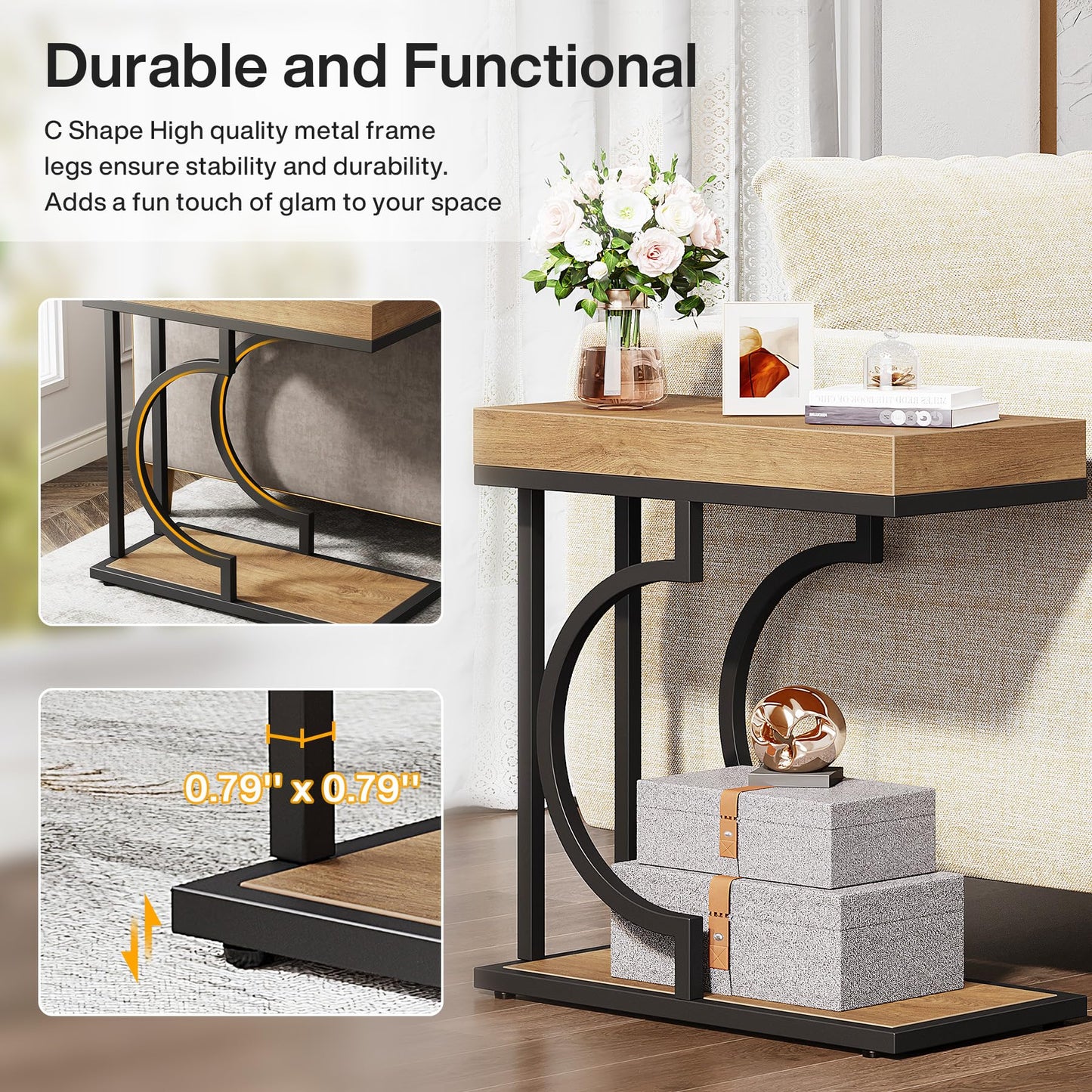 Tribesigns Narrow Side Table for Couch, C Shaped End Table with Metal Frame, Modern Bedside Tables, Small Sofa Tables for Small Spaces, Living Room (1, Brown+Black)