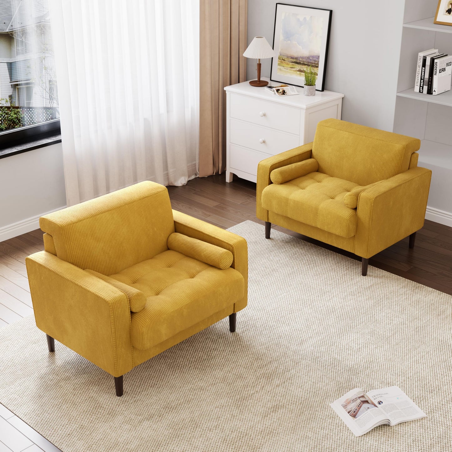 34.5" Arm Chair, Corduroy Fabric Modern Accent Chair, Comfy Upholstered Armchair Reading Chair with Solid Wood Legs for Living Room Bedroom Office, Yellow