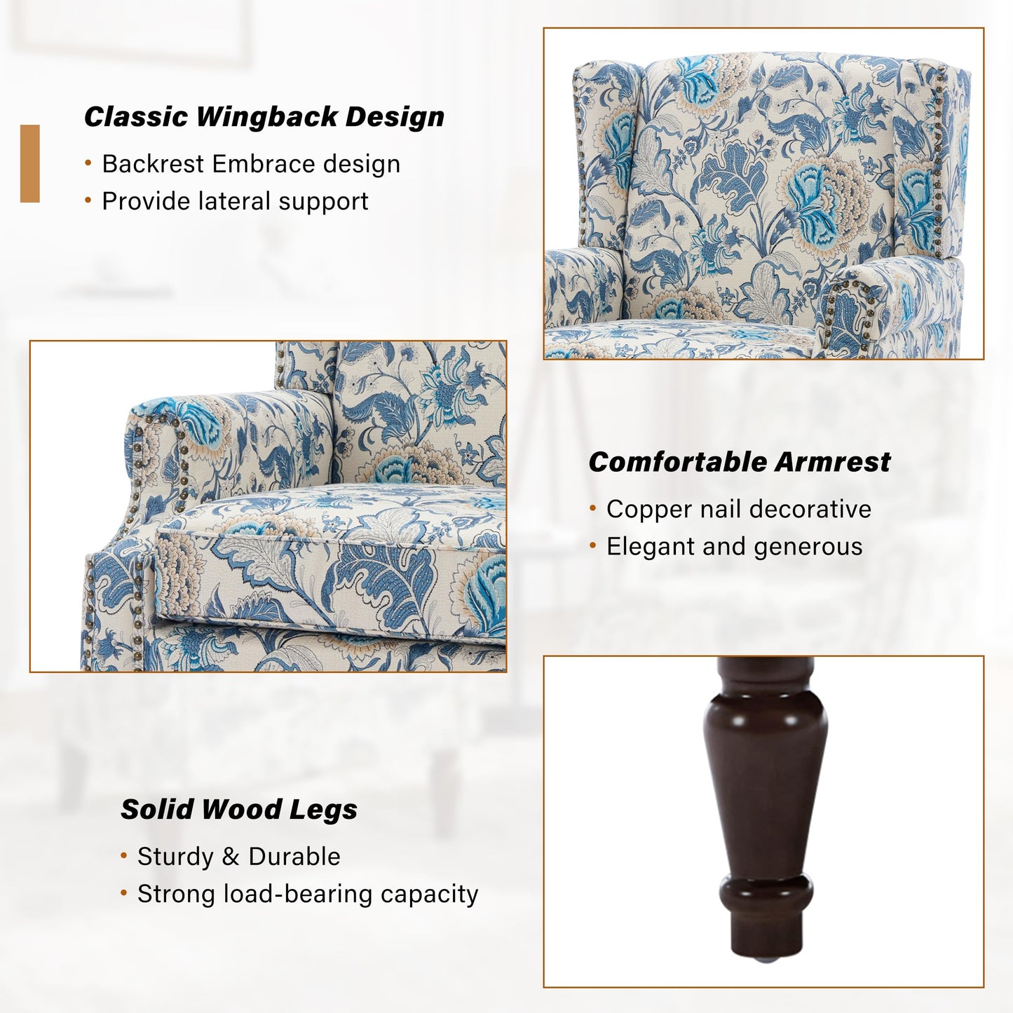Floral Wingback Accent Chair, High Back Upholstered Armchair, Comfy Fabric Wingback Arms Chairs with Solid Wood Legs, Single Sofa Reading Chair for Bedroom Living Room, Beige