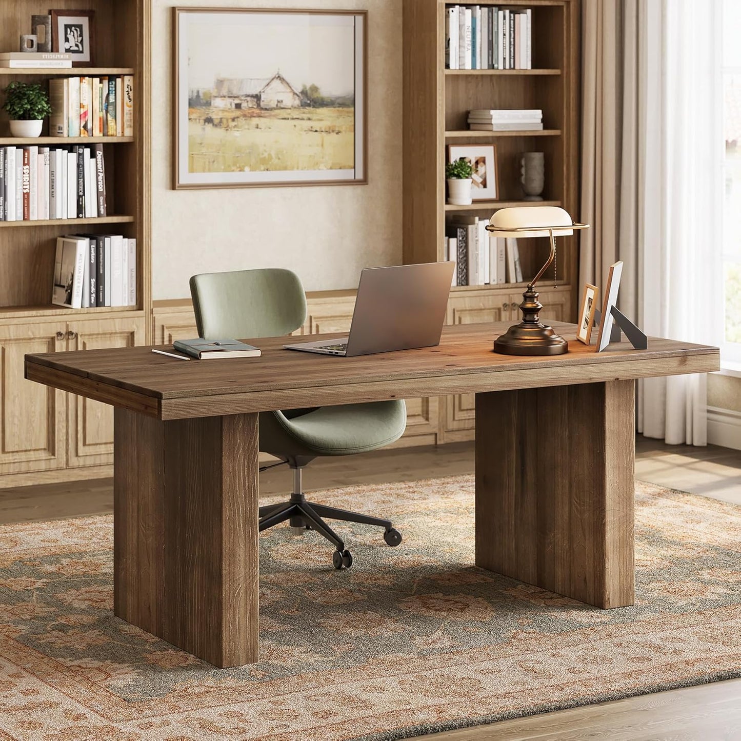 63" Solid Wood Home Office Desk, Farmhouse Large Executive Computer Desk with Sturdy Wooden Legs, Study Writing Table Business Workstation with Spacious Tabletop, Rustic Dark Brown