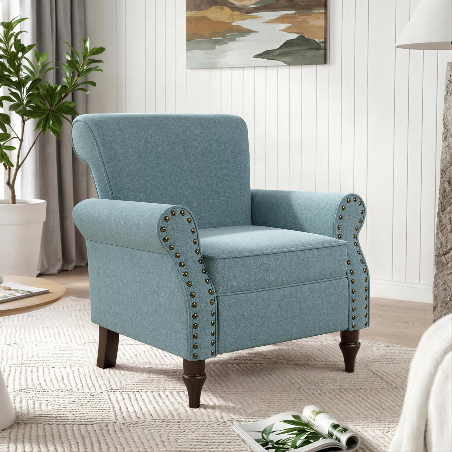Wingback Accent Chairs Set of 2, Mid-Century Modern Upholstered Armchair Living Room Chair with Nailhead Trim & Rolled Armrest, Comfy Lounge Chair Single Sofa Chair for Bedroom, Light Blue