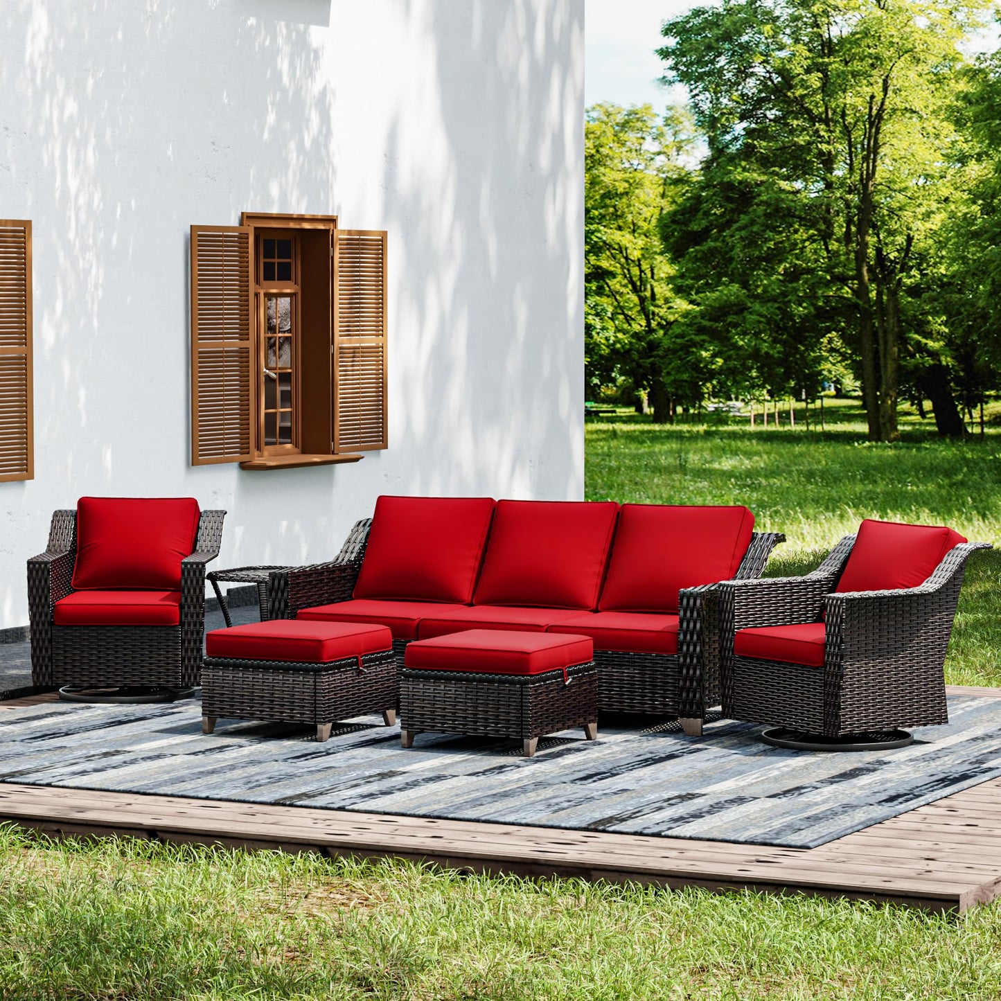 Joyside Patio Sofa - 3 Seater Rattan Sofa, All Weather High Back Sofa, Upgraded Large Size with 4inch Seat Cushions for Backyard, Garden, Poolside (Brown/Blue)