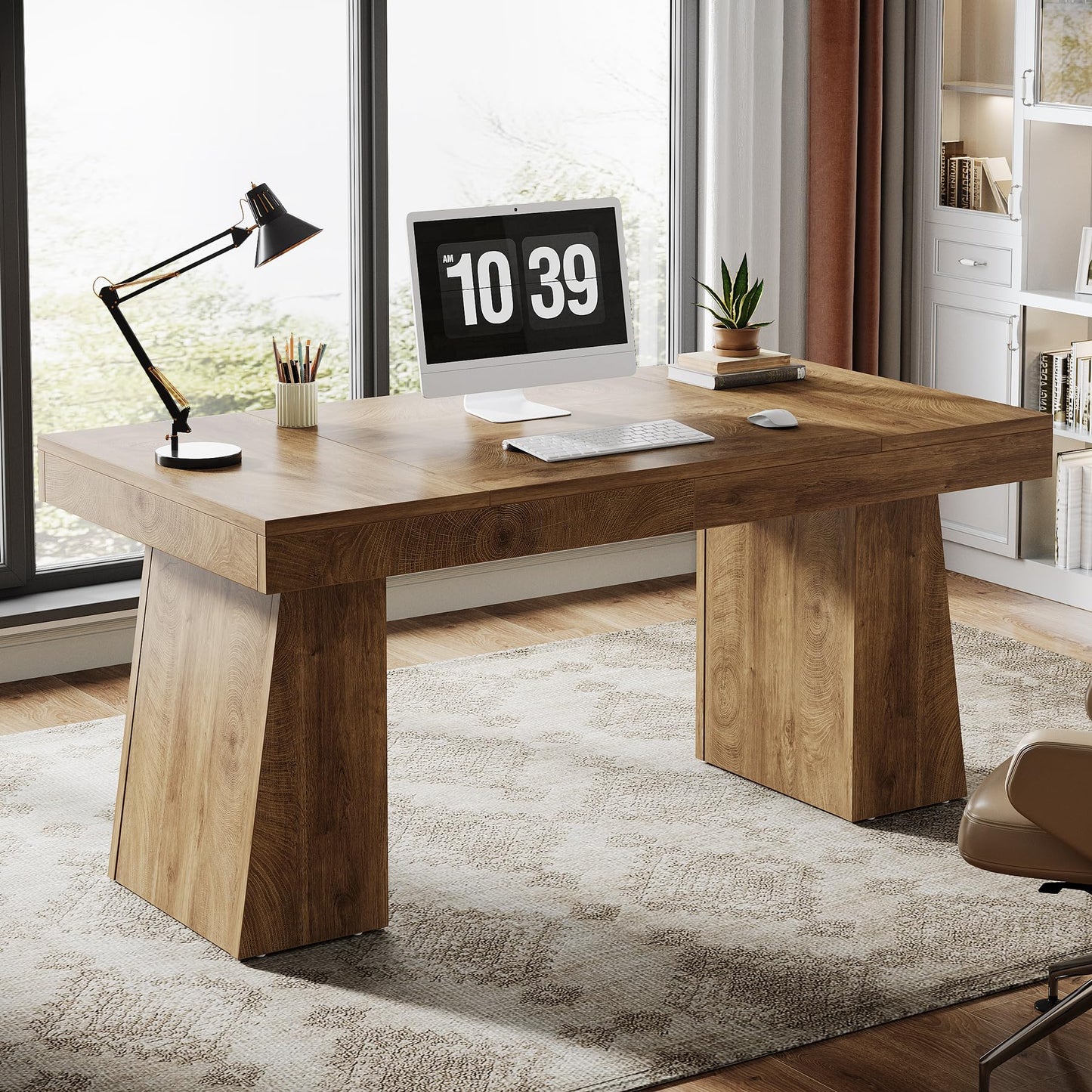 Tribesigns 55 Inches Executive Desk, Mid-Century Modern Home Office Desk, Wood MDF Computer Table Business Workstation Small Conference Table, Light Brown