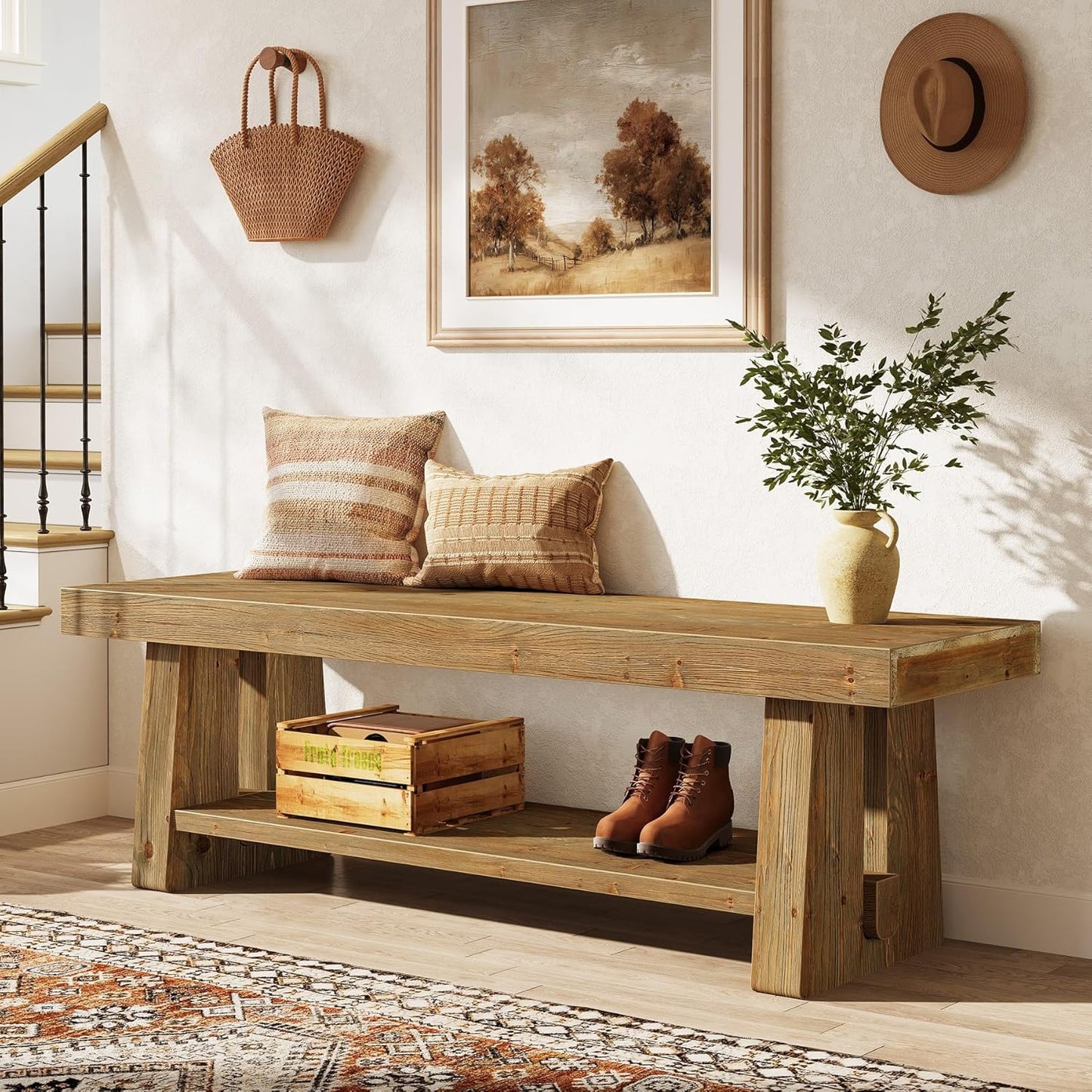 63'' Solid Wood Entryway Bench with Open Shelves, 2-Tier End of Bed Bench, Farmhouse Wooden Bench Indoor for Dining Room, Living Room, Hallway, Bedroom