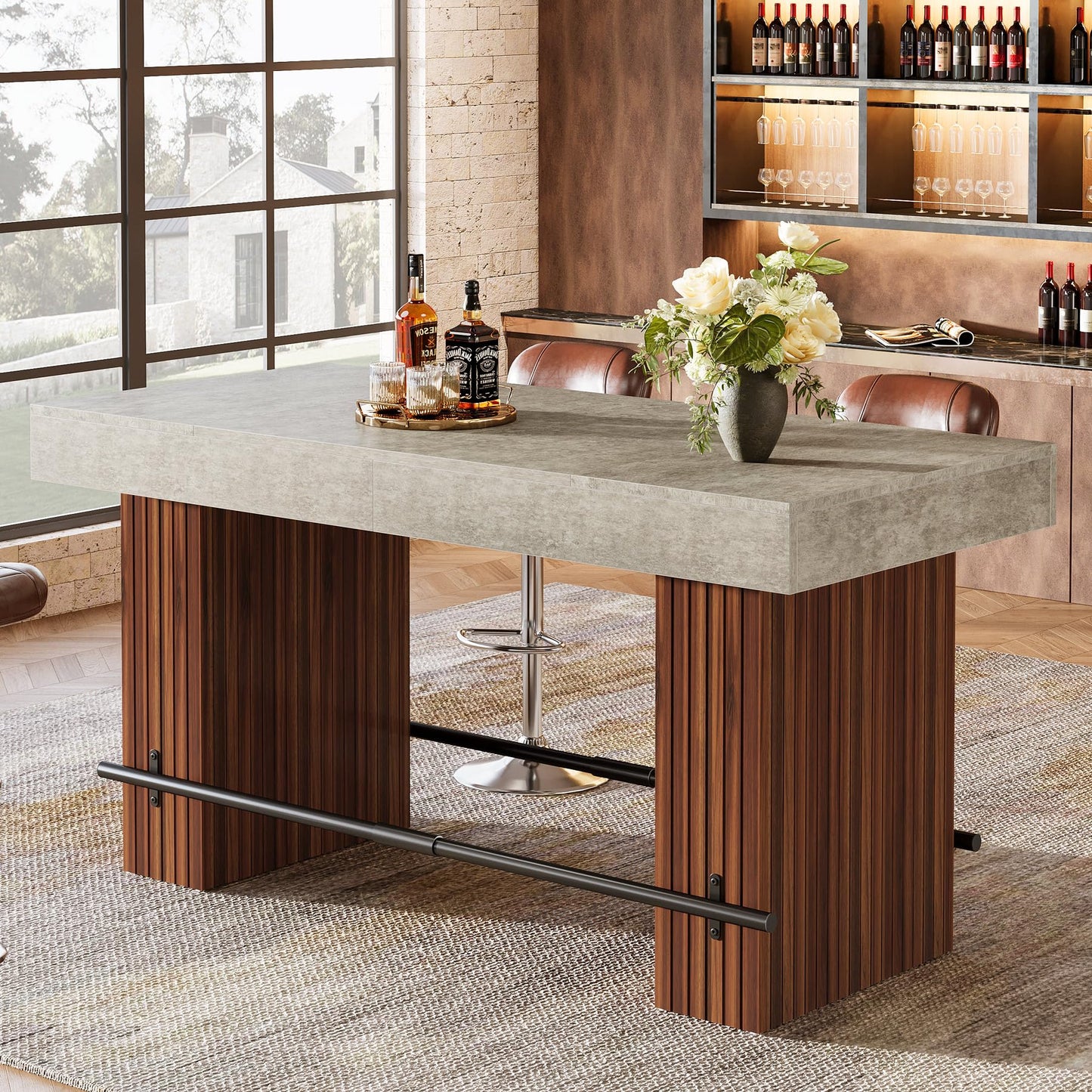 Tribesigns 62.2 Inch Bar Table, Industrial Counter Height Pub Dining Table, Rectangular Home Bar Units with Metal Footrest for Home Kitchen, Dining Room, Bistro, Brown and Dark Grey