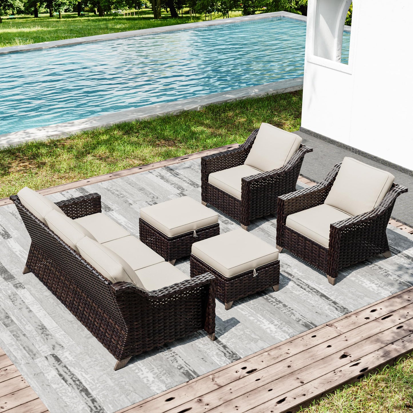 Joyside Patio Sofa - 3 Seater Rattan Sofa, All Weather High Back Sofa, Upgraded Large Size with 4inch Seat Cushions for Backyard, Garden, Poolside (Brown/Blue)