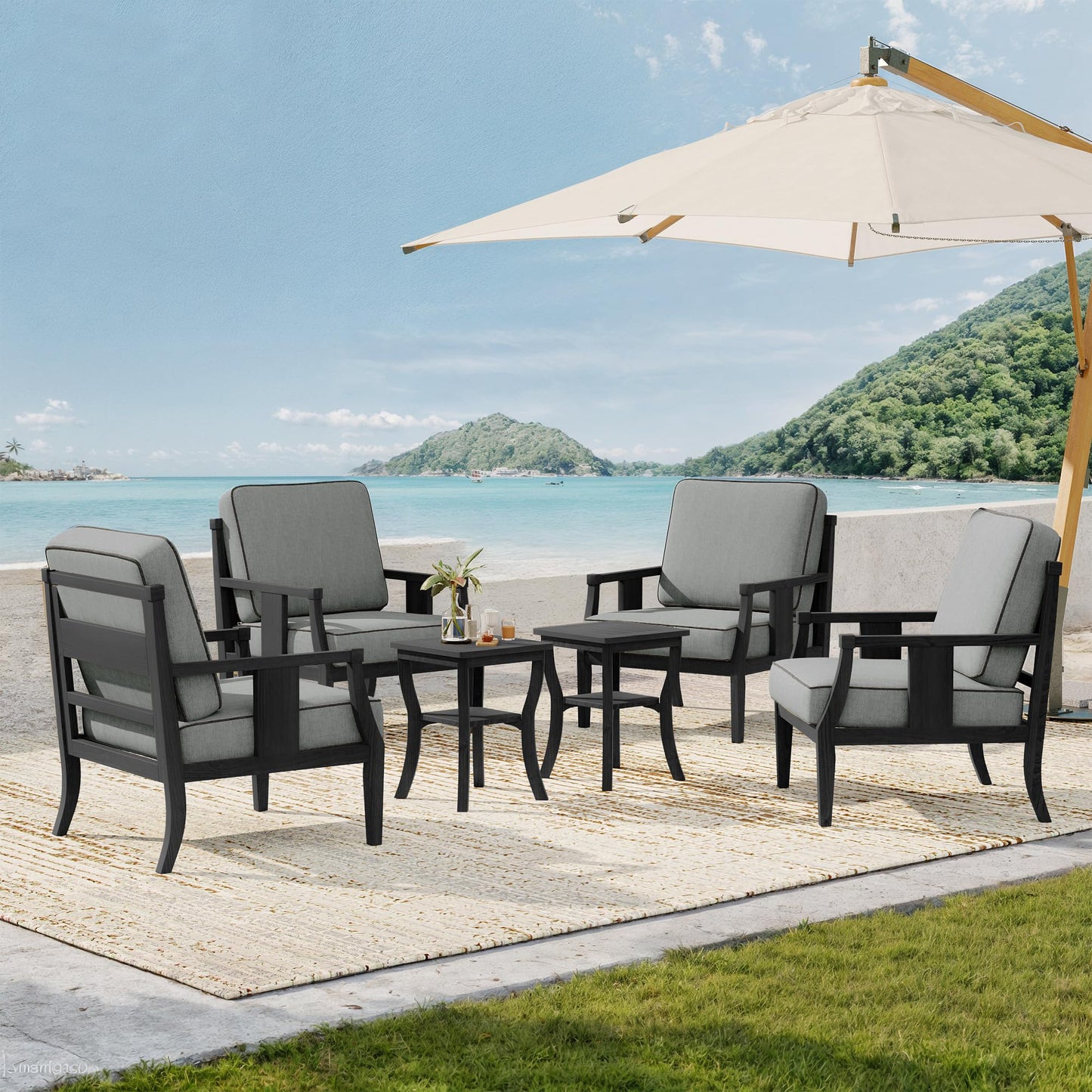Outdoor Patio Armchairs Set of 2, All-Weather Solid Wood Patio Furniture Sets, Outdoor Sofa Chairs with Washable Thick Cushions for Porch, Balcony, Deck, Black Frame & Gray Cushion