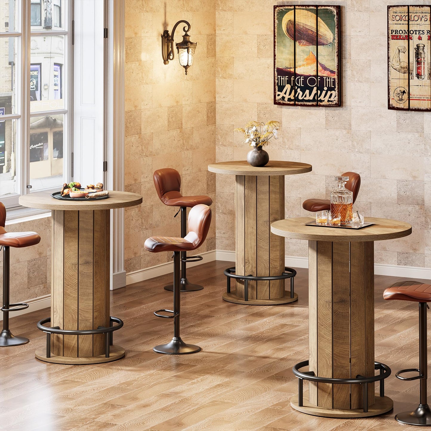 Tribesigns Round Bar Table, 39.4" H Wood Bistro Pub Table with Metal Ring Footrest for Dining Coffee Cocktail Living Room, Small Space, Black (Only Table)
