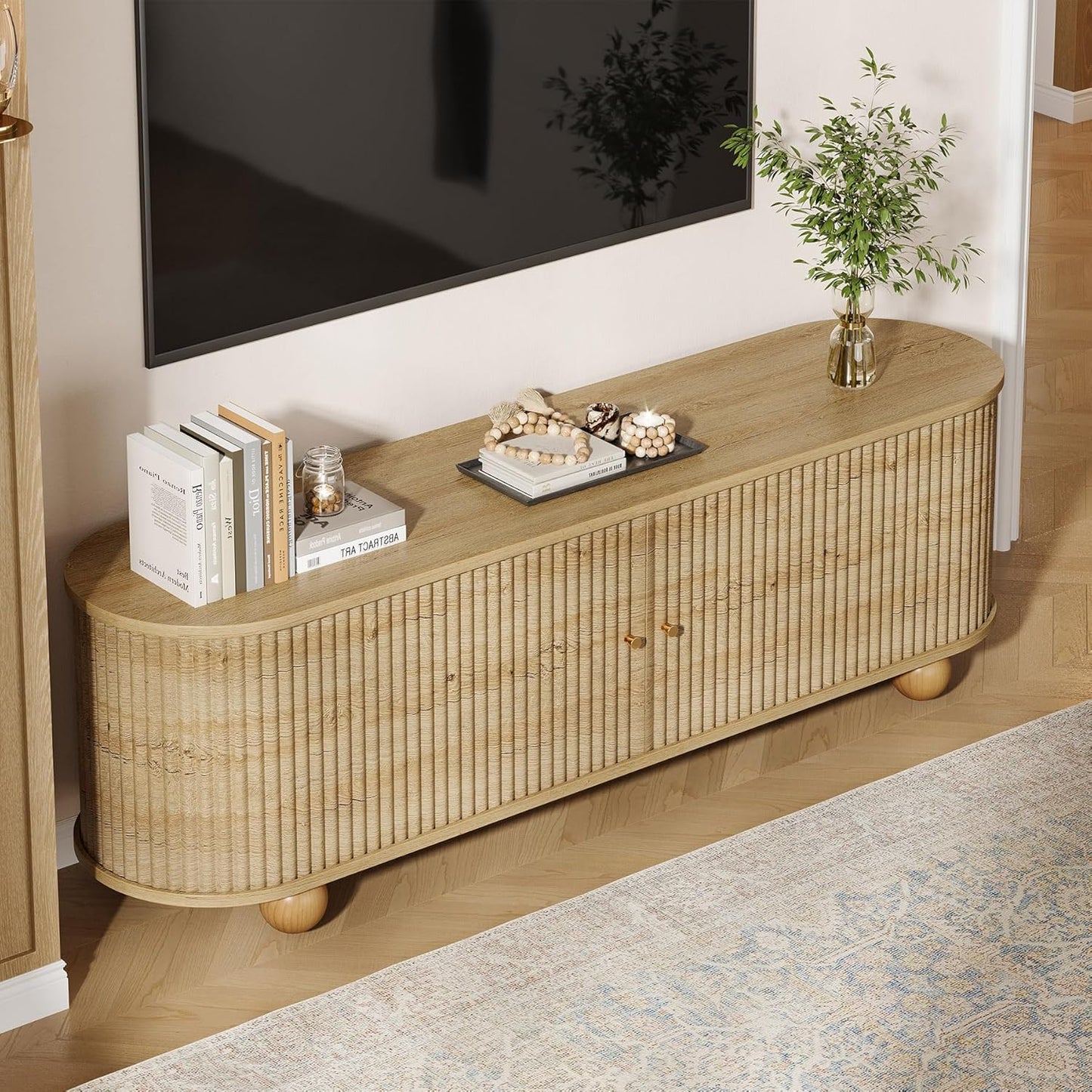 Tribesigns Farmhouse Fluted TV Stand, 70" Extra Long Media Console for TVs up to 65+ Inches, Wooden Entertainment Center with Storage Shelves and Sliding Doors for Living Room, Bedroom, Walnut