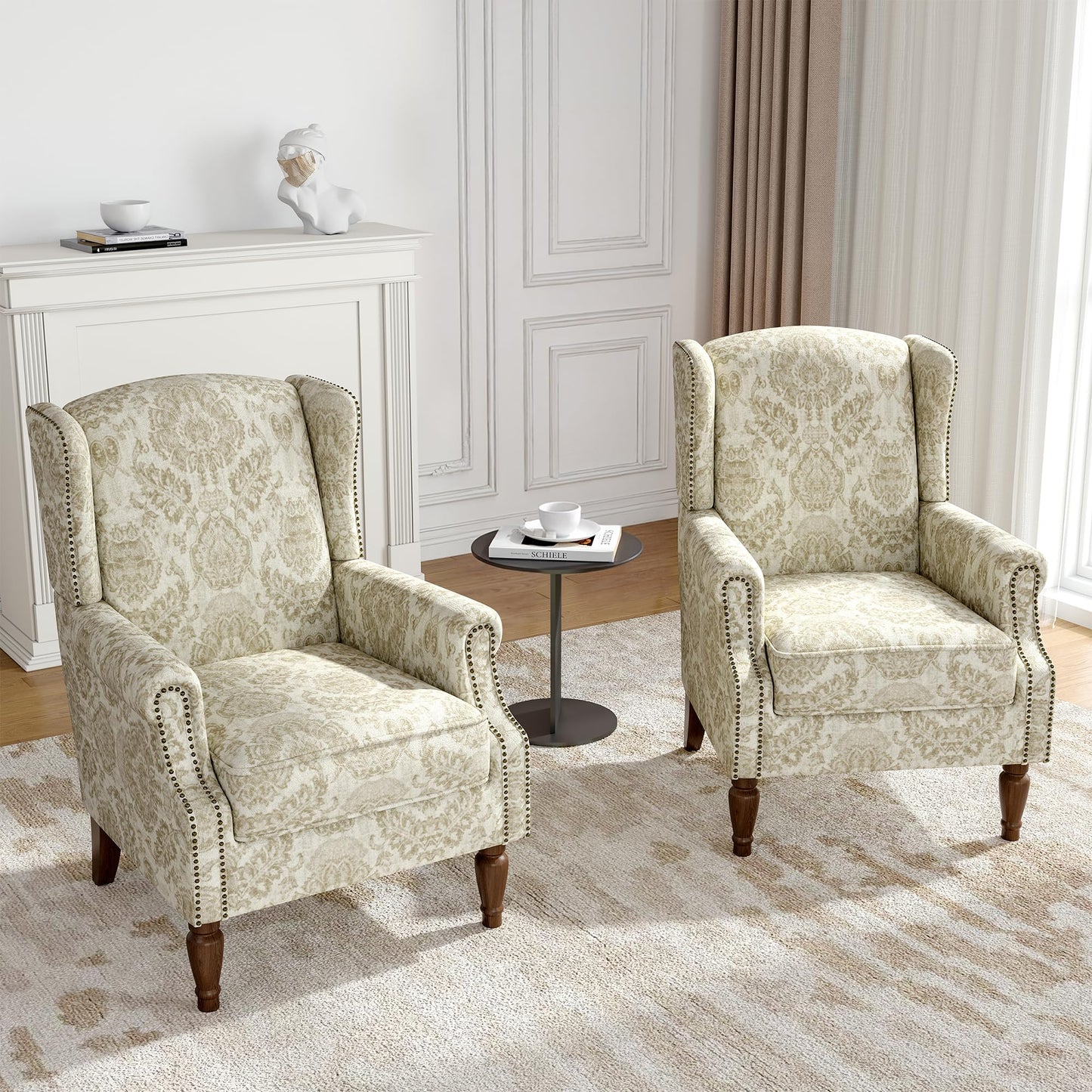 Floral Wingback Accent Chair, High Back Upholstered Armchair, Comfy Fabric Wingback Arms Chairs with Solid Wood Legs, Single Sofa Reading Chair for Bedroom Living Room, Beige